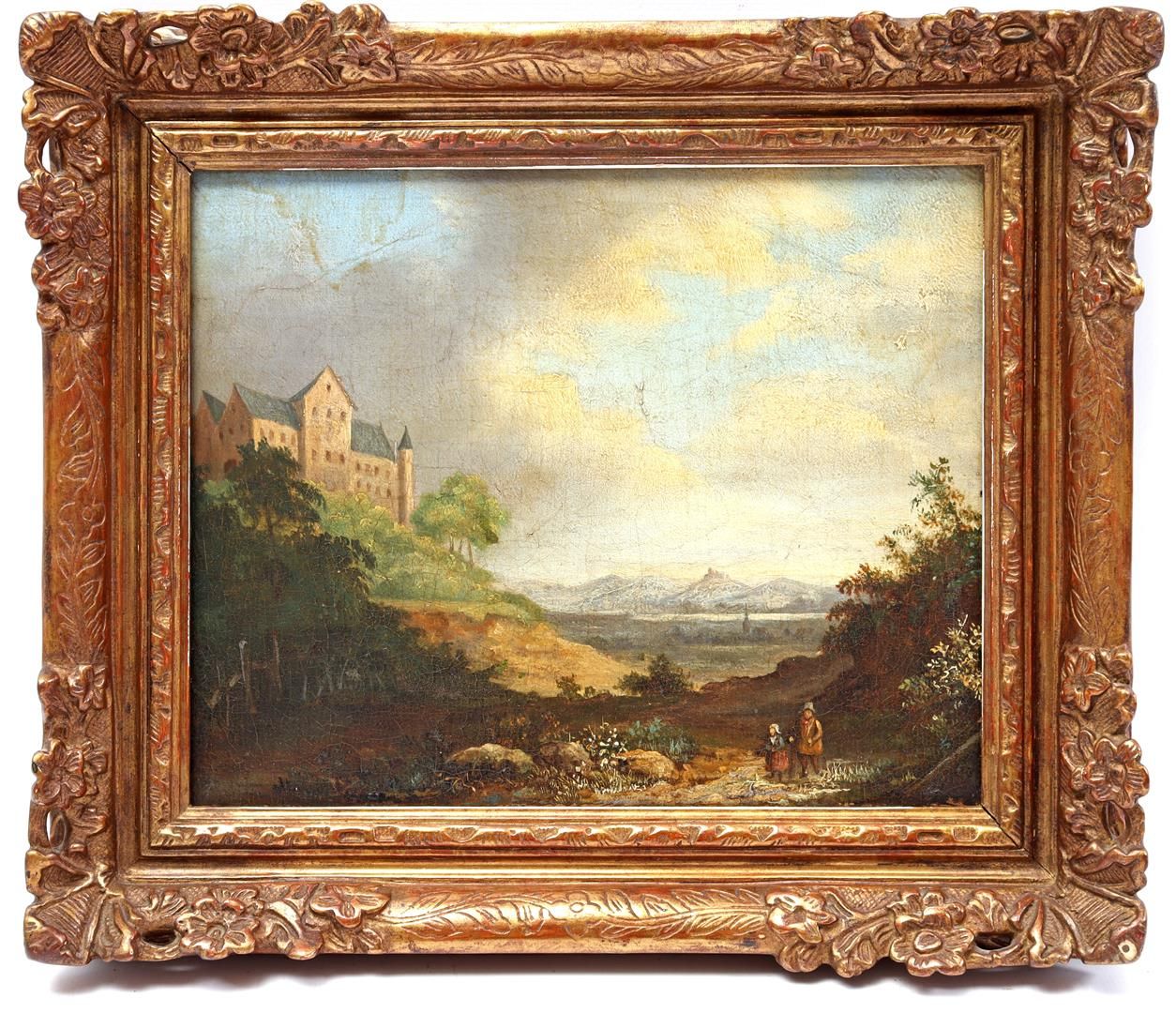 Anonymous 无名氏，山谷中的城堡和人物风景，面板19世纪，19x23.5厘米