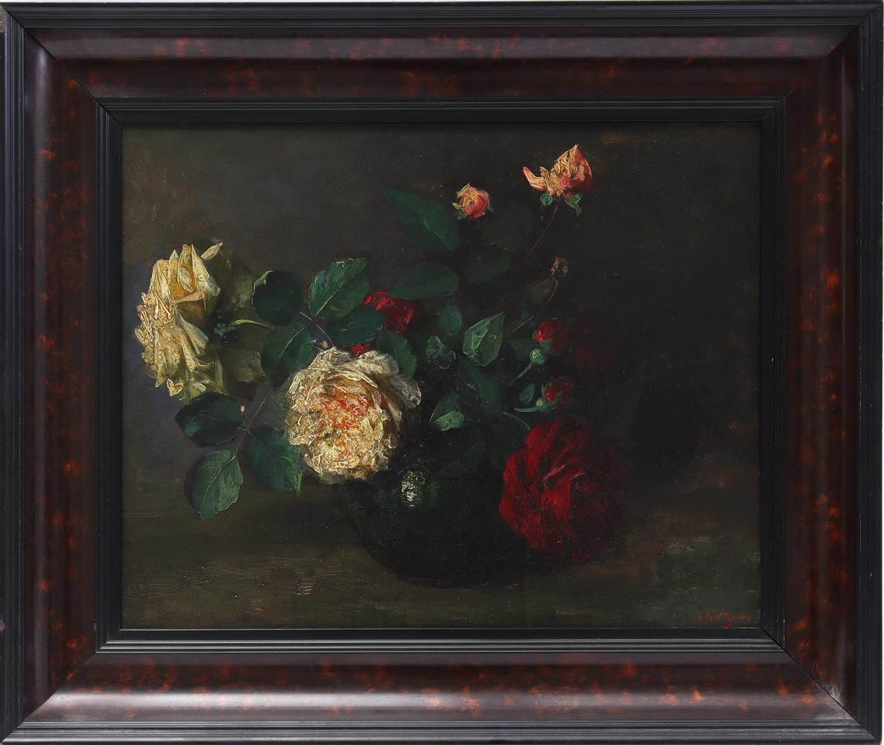 Arntzenius 彼得-弗洛伦蒂乌斯-尼古拉斯-雅各布斯-阿恩岑纽斯(1864-1925)

绿色花瓶中的玫瑰静物，Maroufle 34.5x43厘米。这&hellip;