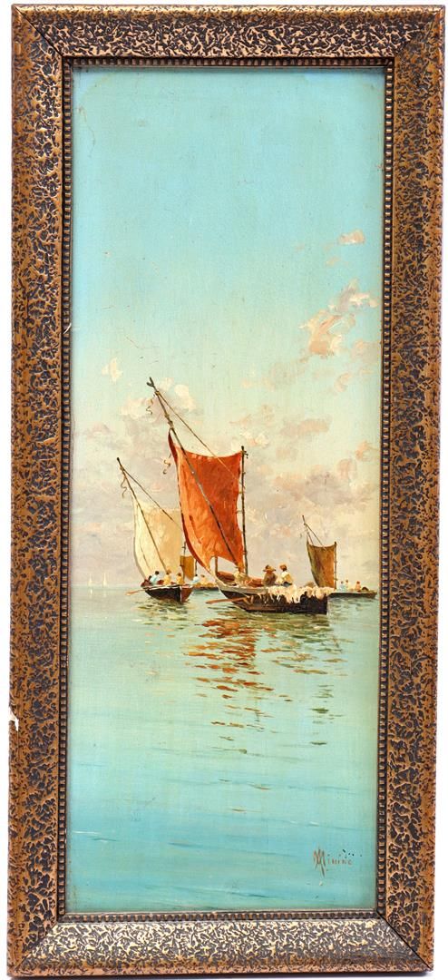 Unclearly signed Unscharf signiert, Segelboote, Tafel 37x14,5 cm