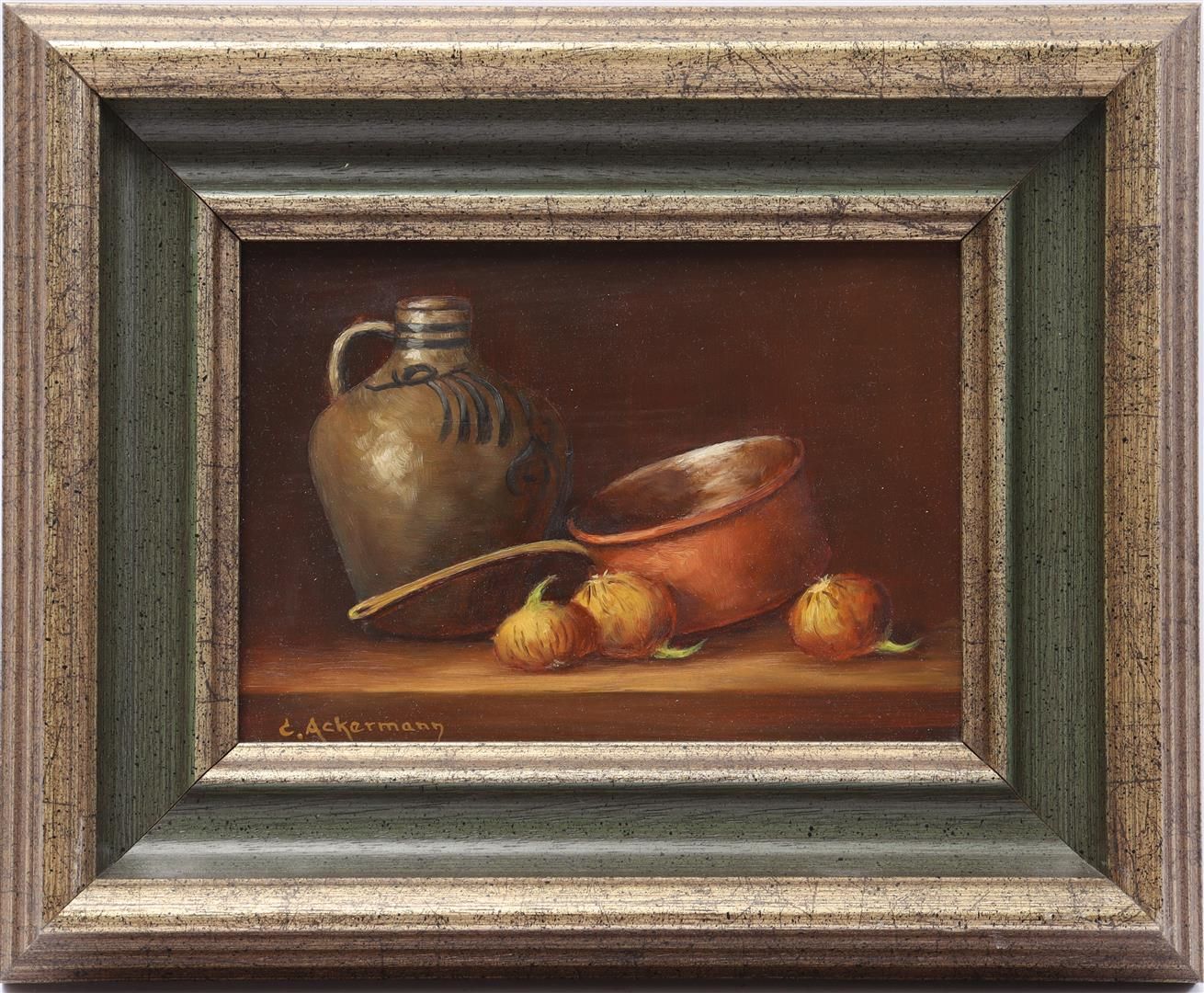Signed C Ackermann Signed C Ackermann (born 1915), Still life with copper pan, C&hellip;