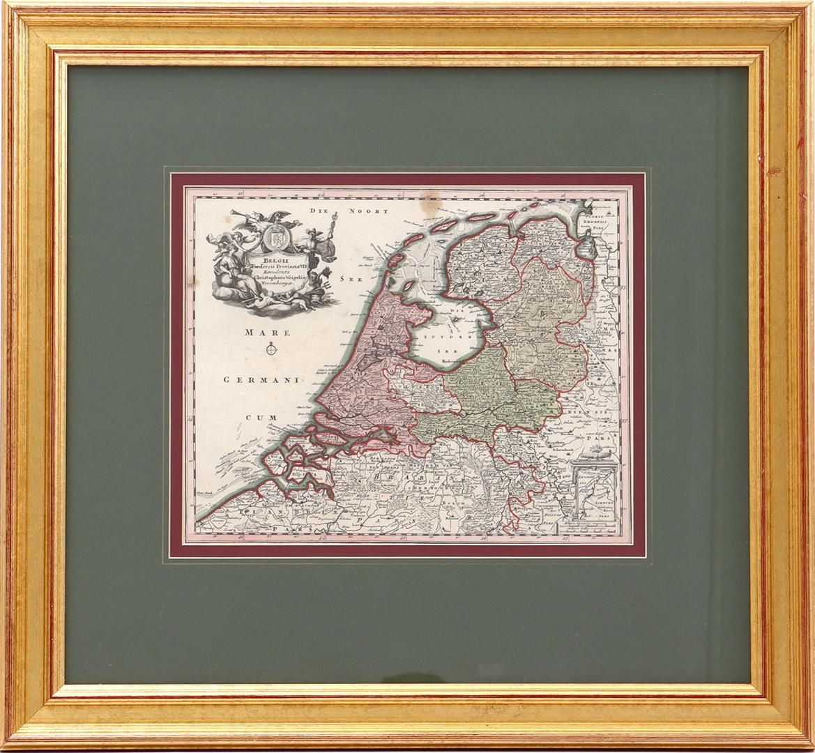Topographical map 带框的荷兰/比利时七省地形图，由Christophoro Weigelio绘制，情况约为1700年，27x34厘米，包括框架&hellip;