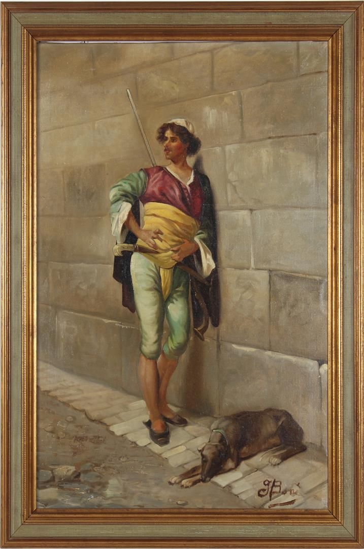 Signed Boni Signé Boni, jeune homme arabe avec chien près du mur, toile vers 192&hellip;
