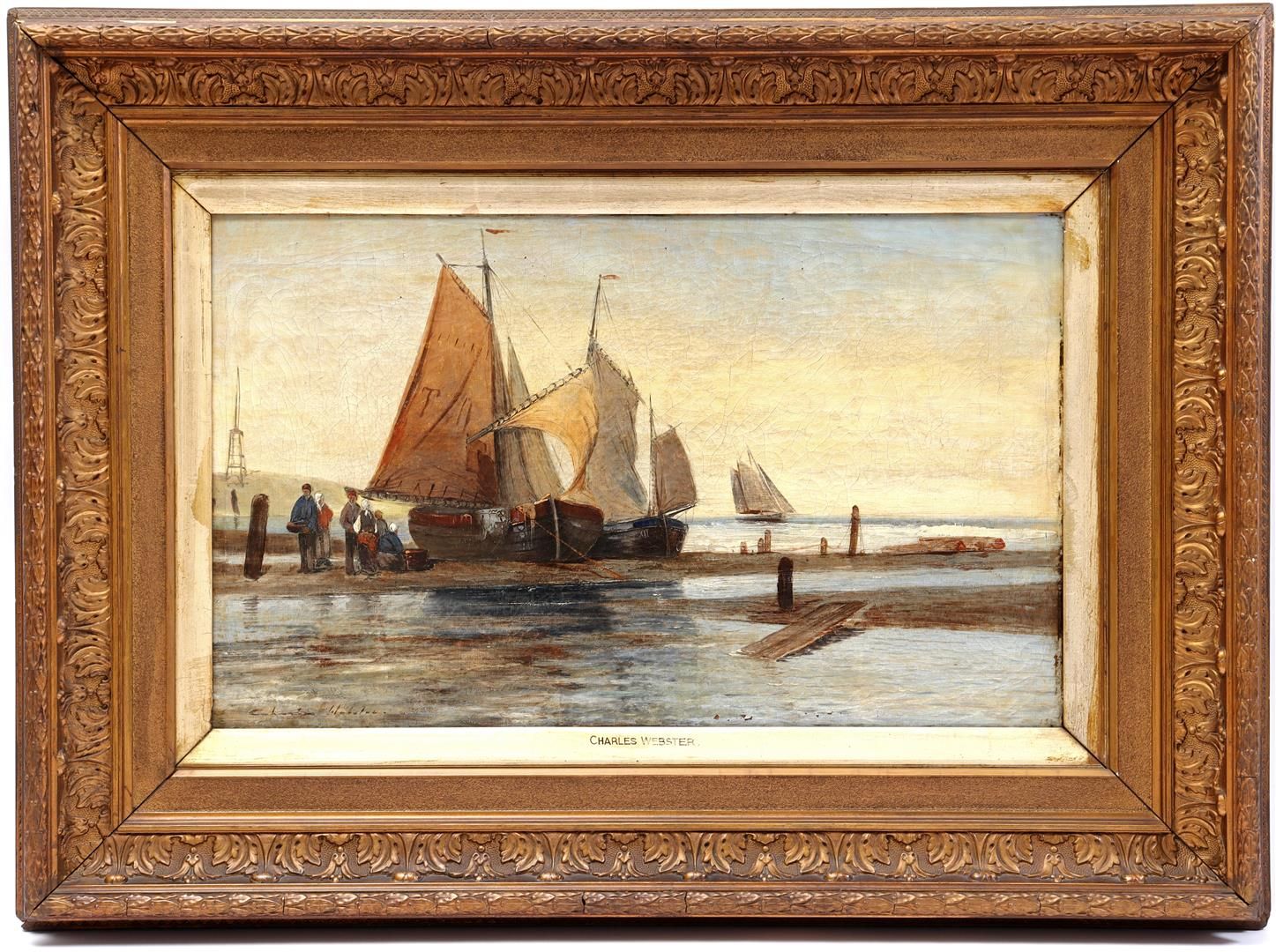 Unclearly signed 根据查尔斯-韦伯斯特的名单，不清楚的签名，沿海的平底船，19世纪的画布，42x69厘米，在一个金色的经典框架，外部尺寸为72x&hellip;
