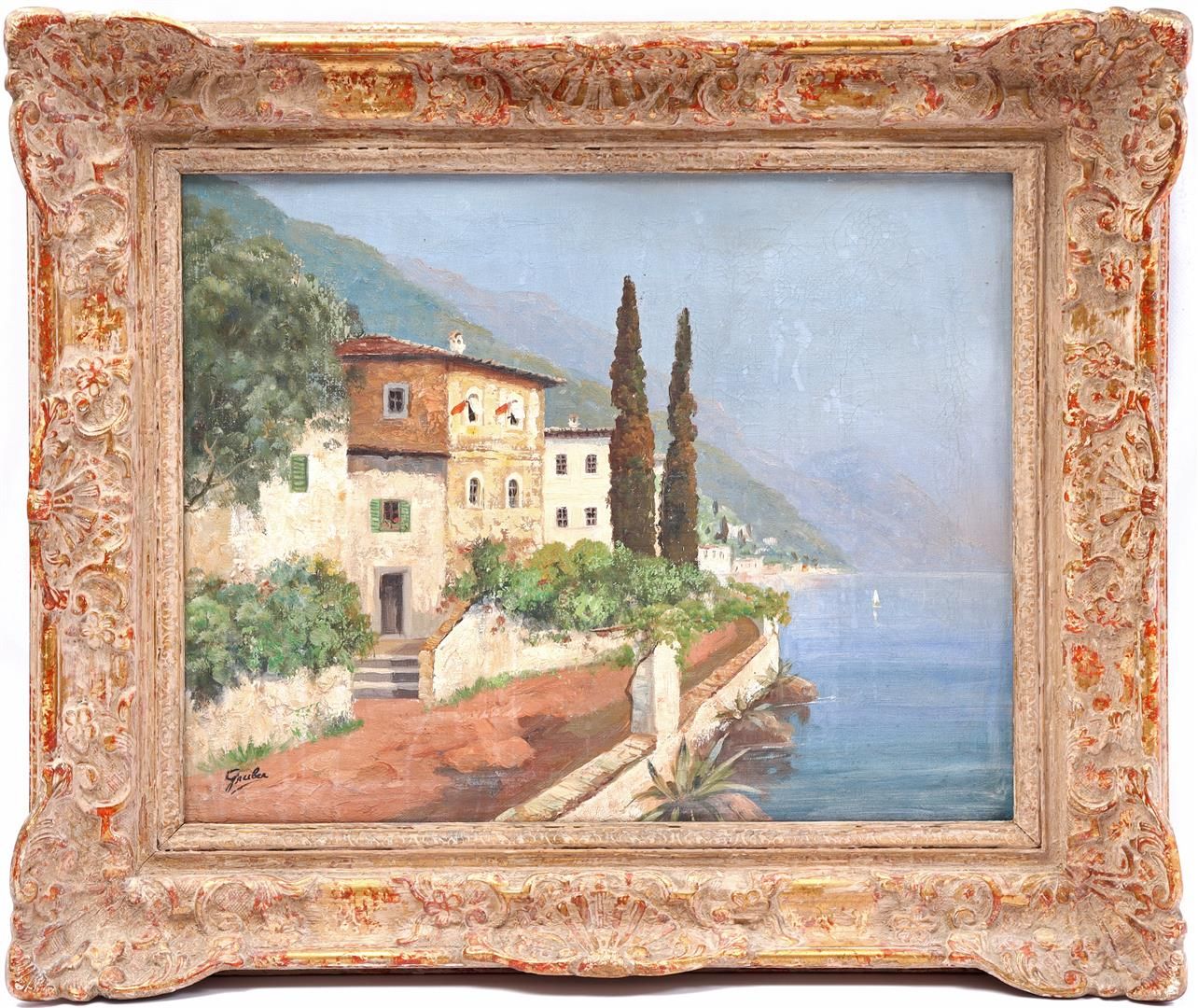 Unclearly signed Maison avec cyprès sur un lac méditerranéen, toile 40x50 cm.