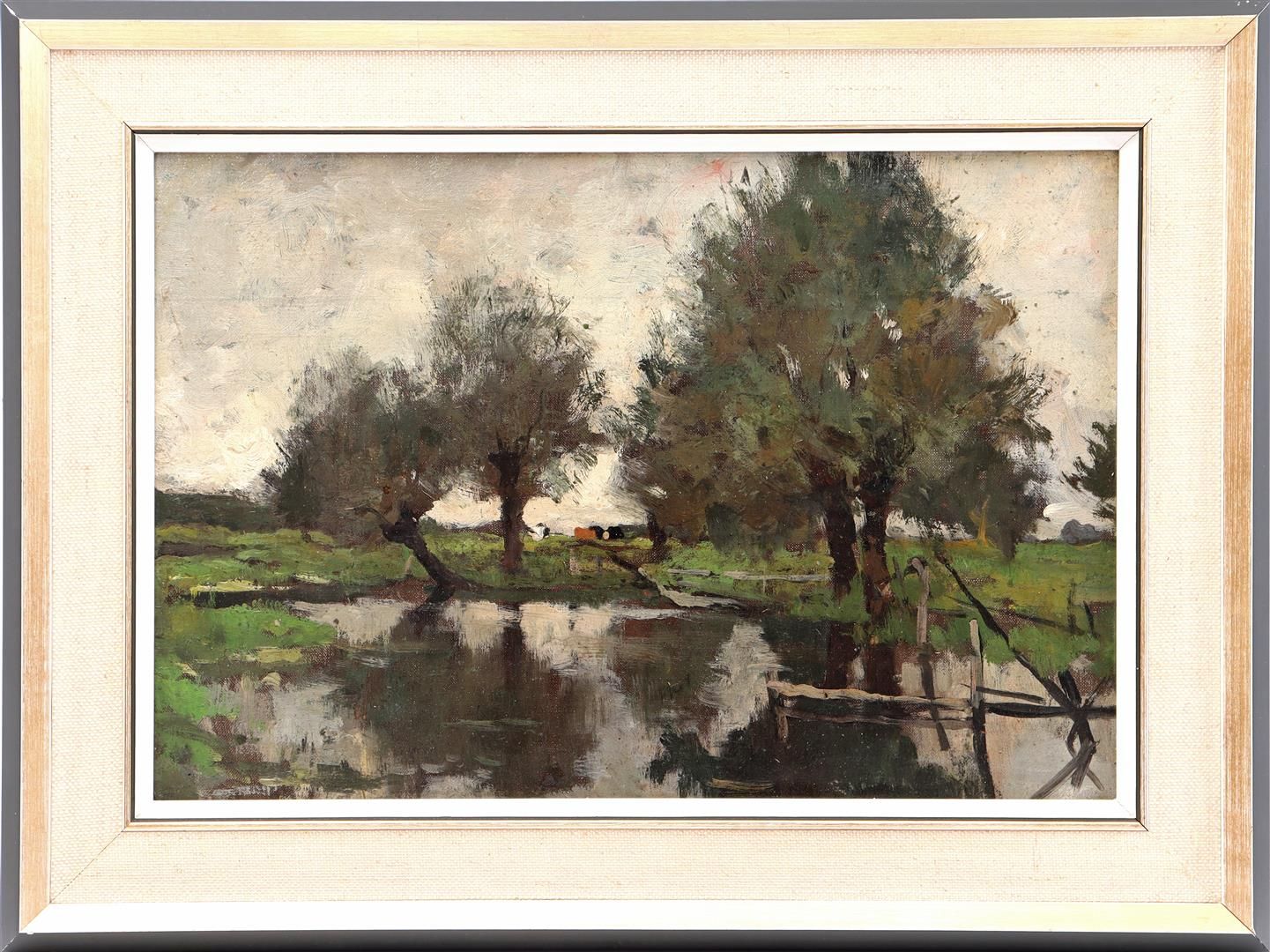 Anonymous 佚名，荷兰风景，牛在水边，靠近柳树，纸板28x41厘米