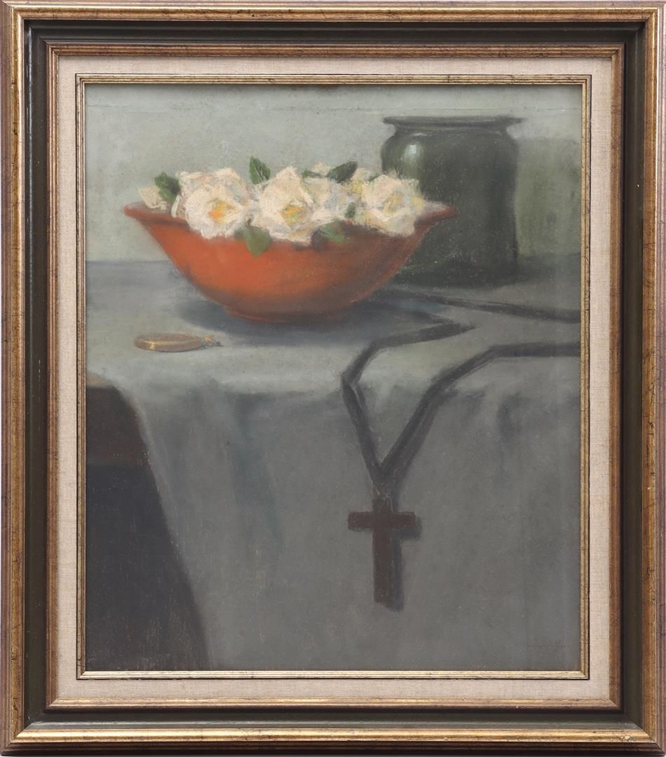 Willem Witjens 维尔姆-维坚斯(1884-1962)

陶器碗里的玫瑰静物，粉彩画 58.5x48厘米
