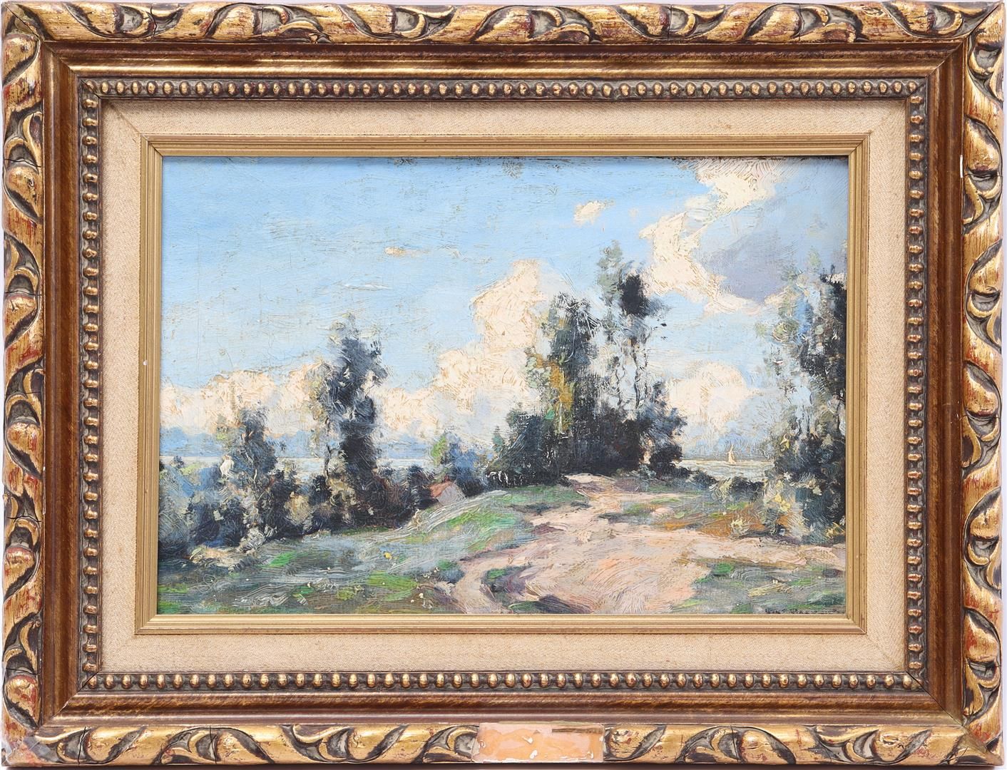 Unclearly signed Unscharf signiert, Landschaft mit See, Leinwand 25x38 cm