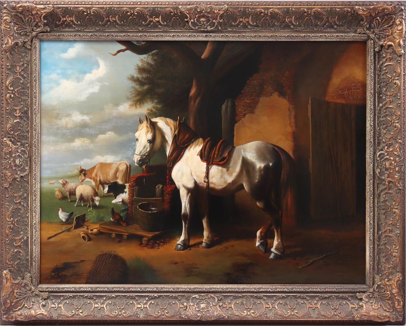 Signed J de Waardt 签名：J de Waardt，20世纪，有马、牛、羊和家禽的马厩风景，帆布61x81厘米