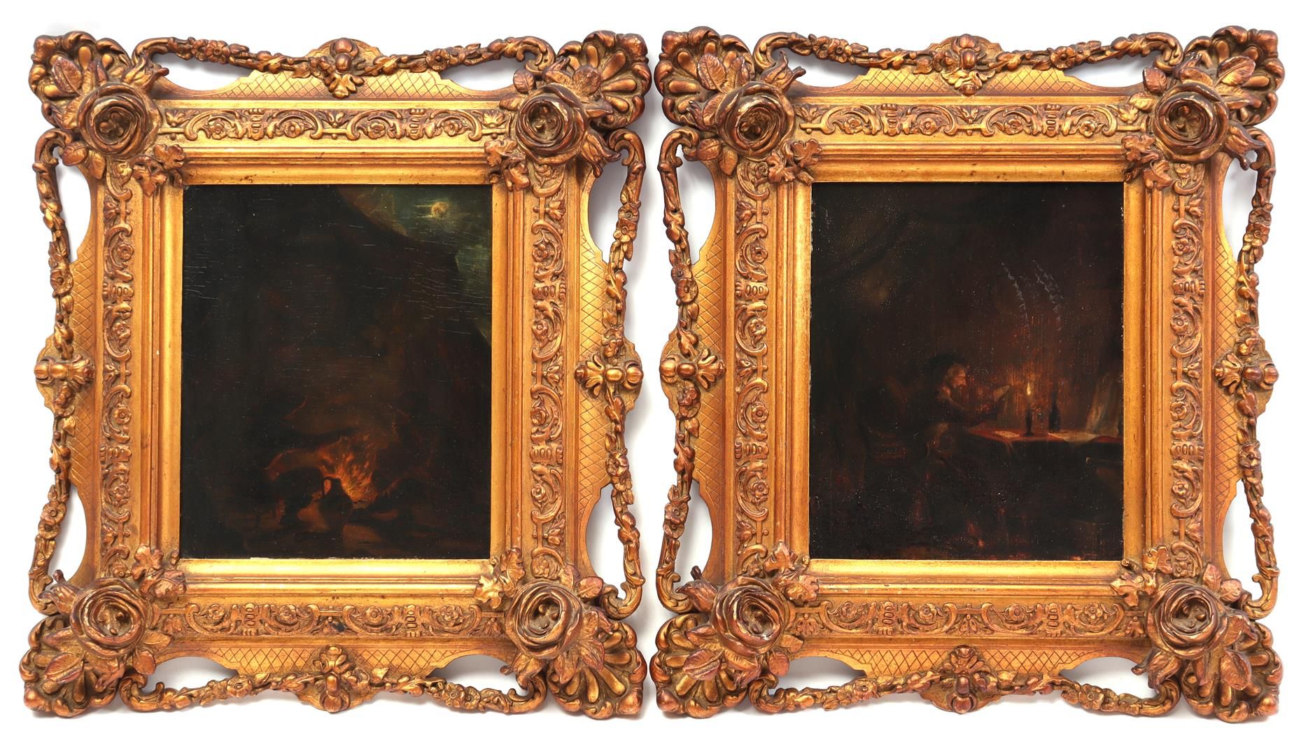 Caspar Augustinus Fischer 卡斯帕-奥古斯丁-费舍尔(1832-1913)

2幅板上油画，烛光下的男子和篝火旁的人物，每幅23x19厘&hellip;