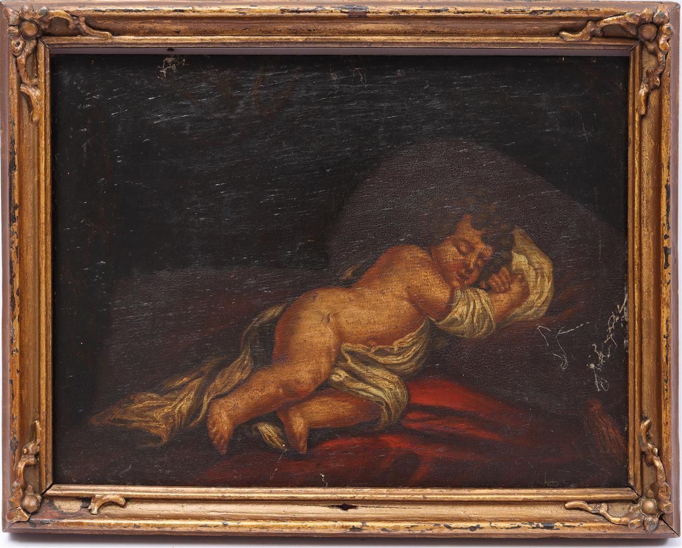Anonymous 佚名，睡着的丘比特，面板19世纪，18x24厘米（划痕）。