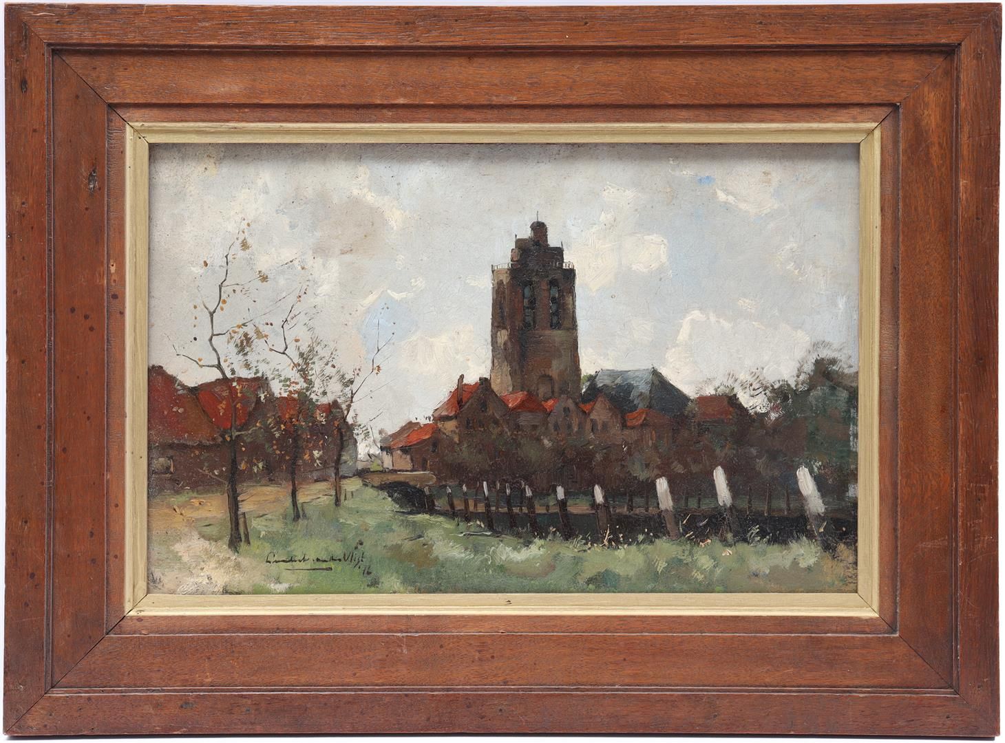 Leendert van der Vlist Leendert van der Vlist (1894-1962)

带有教堂塔楼的村庄景色，面板上的日期是19&hellip;