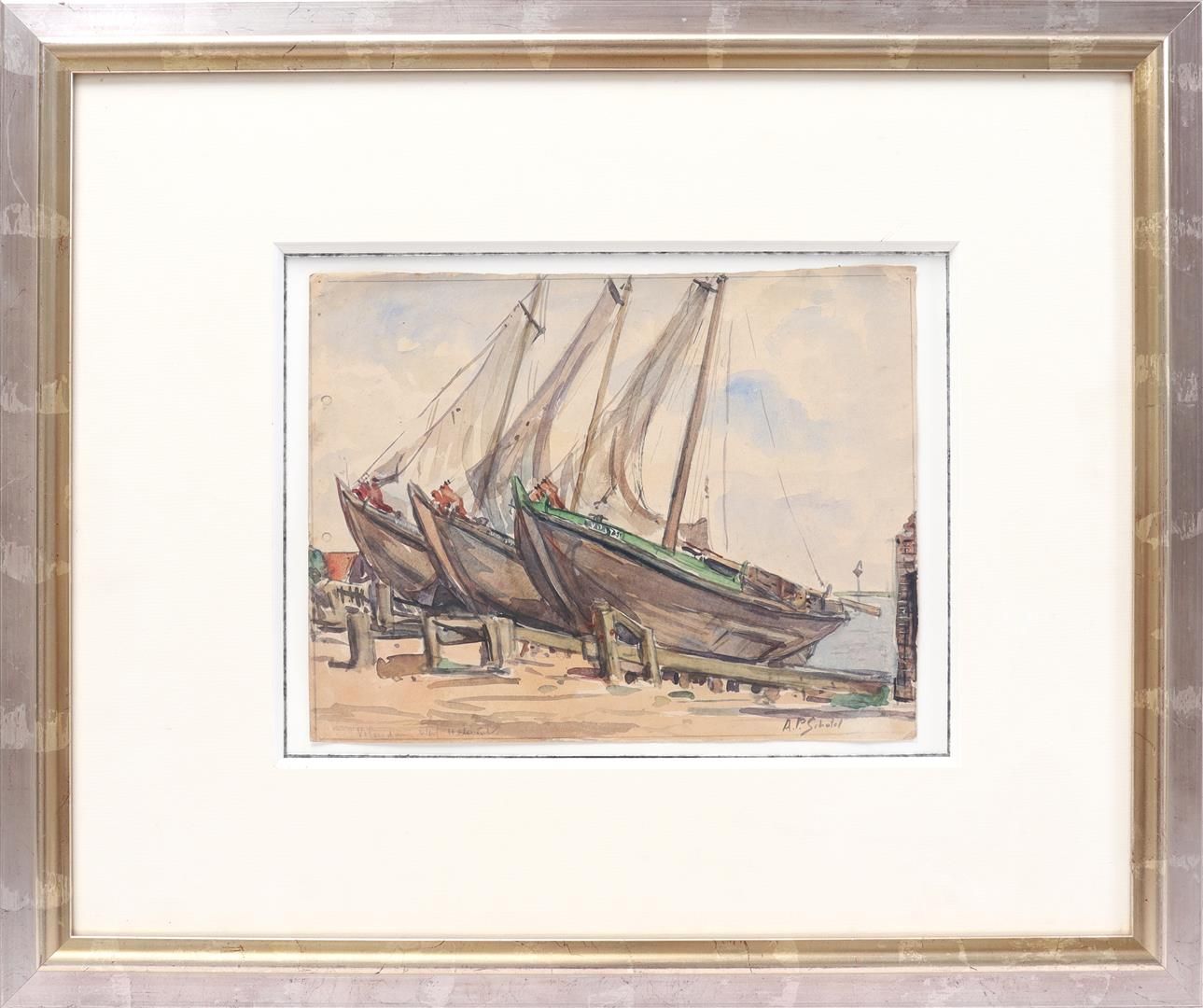 Anthonie Pieter Schotel 安东尼-皮特-肖特尔 (1890-1958)

沃伦丹与码头上的3艘船，水彩画 28x36厘米
