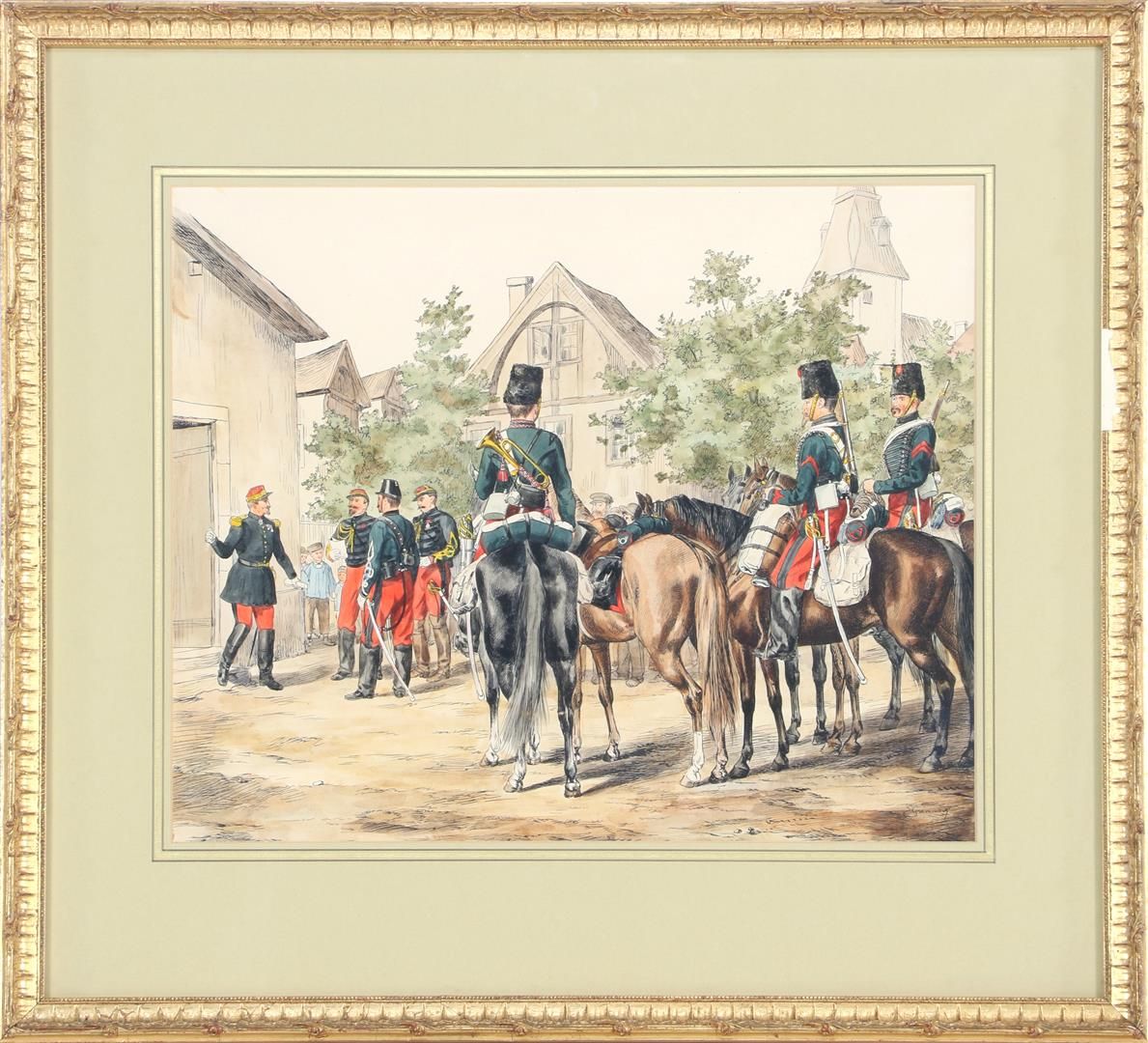 Emmanuel Grammont (1862-) 埃马纽埃尔-格拉蒙(1862-)
7 村庄里穿着军装的士兵，钢笔水彩，39 x 47厘米