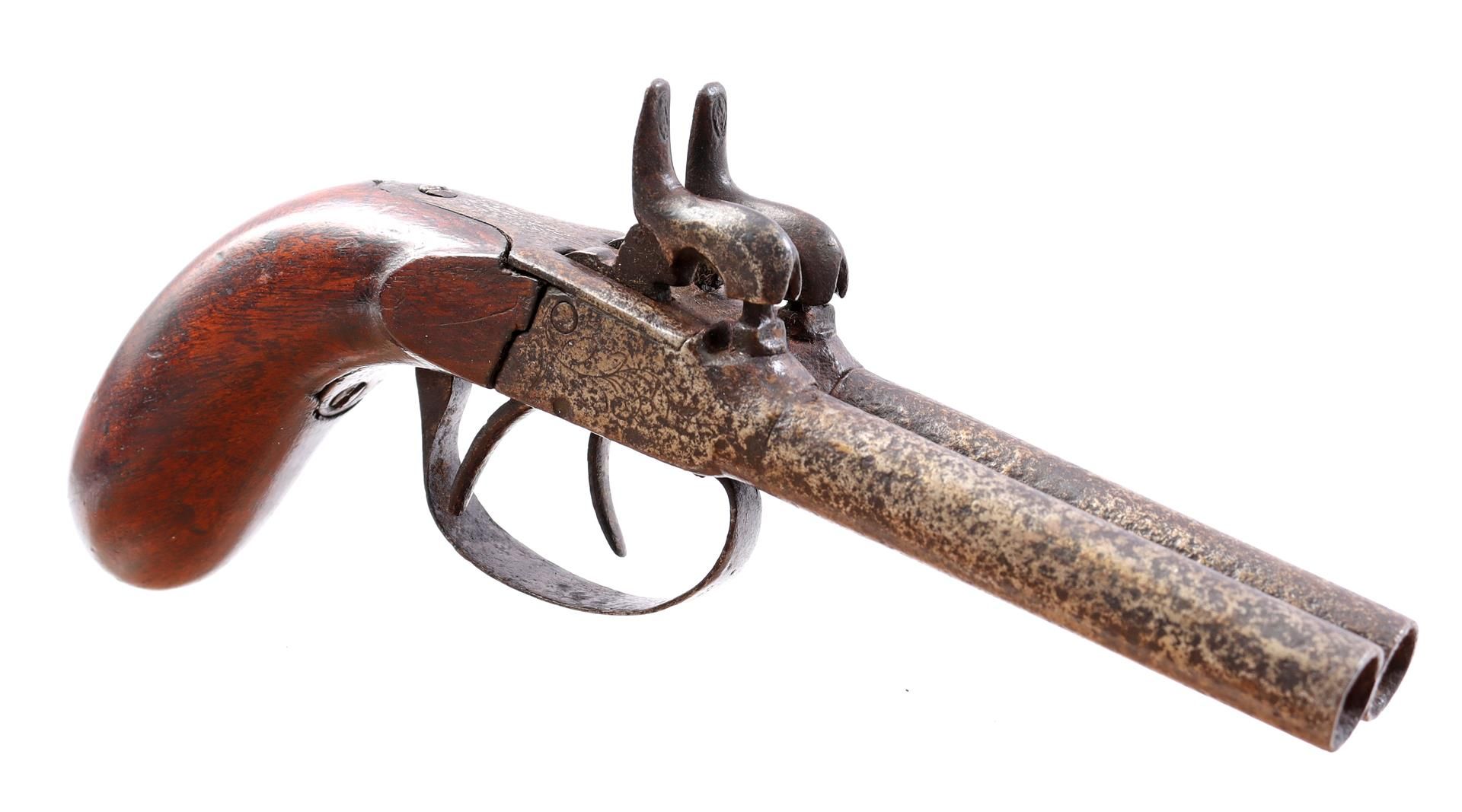 Null Double barrel pistol with percussion, not marked, 19th century, 20 cm long