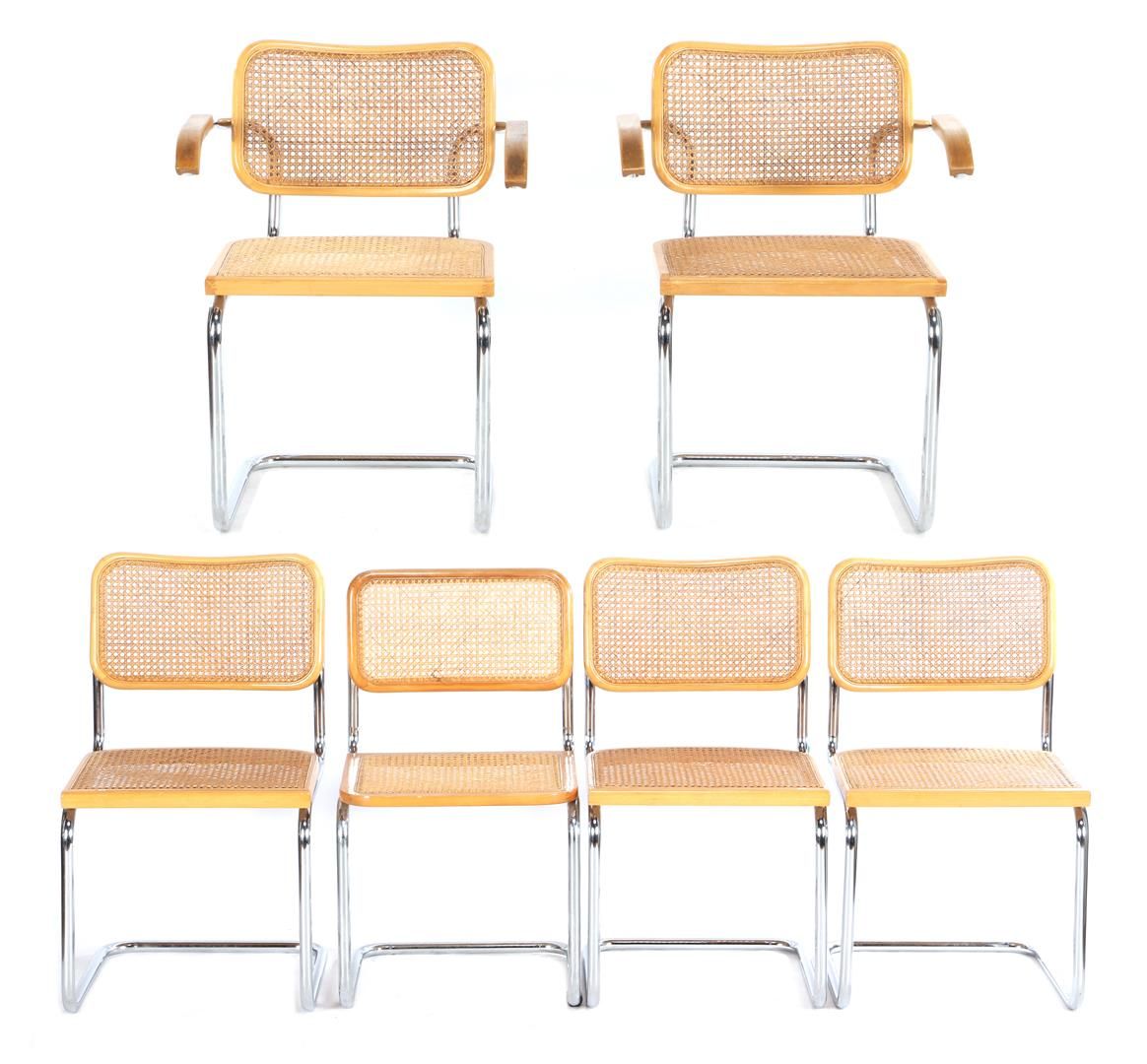 Null 6把镀铬金属管状框架餐椅，带网状椅背和座椅，具有马塞尔-布鲁尔的风格--型号 "Cesca/B32
