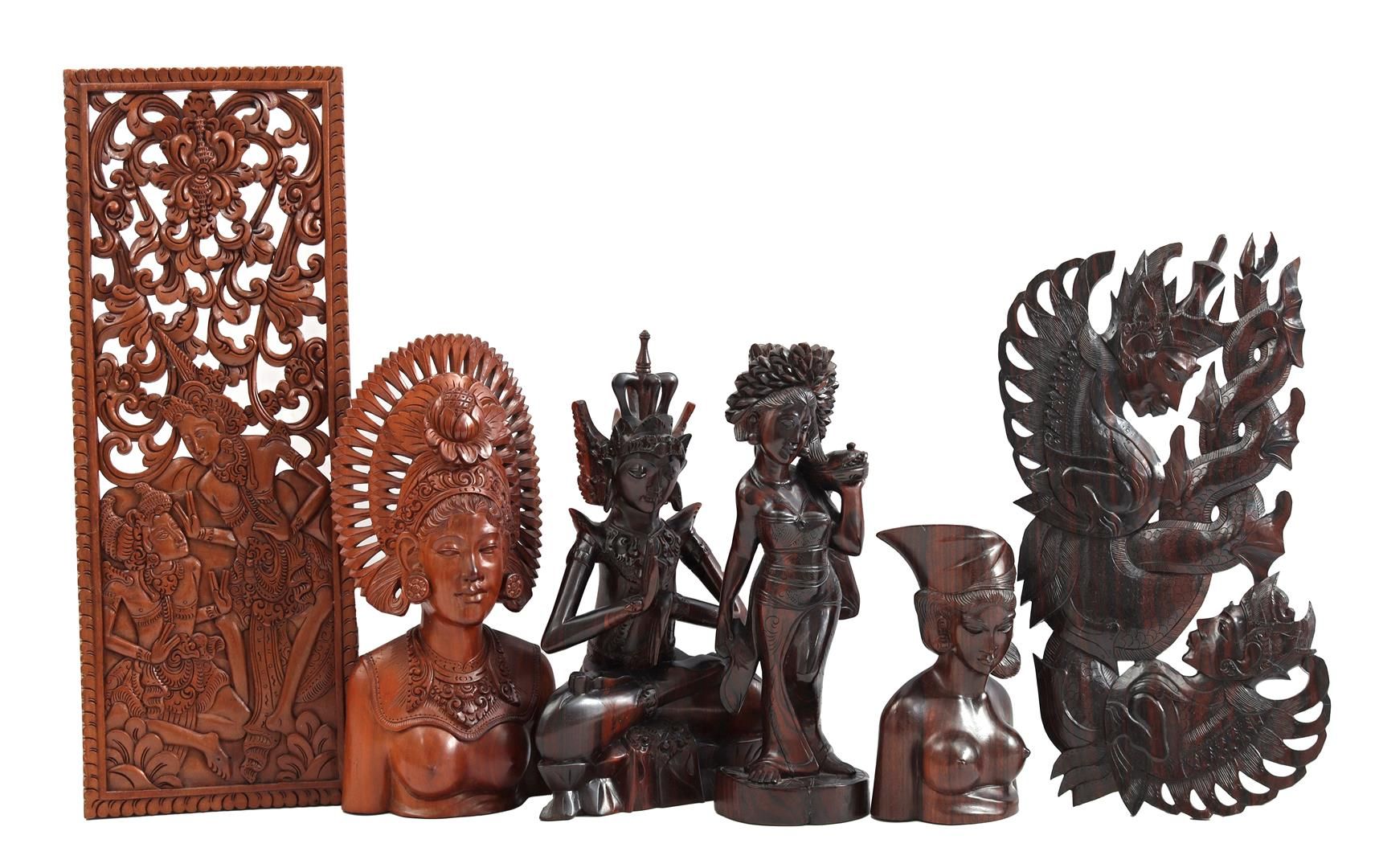 Null 6 sculture in legno balinese, tra cui un busto di donna in teak con vestito&hellip;