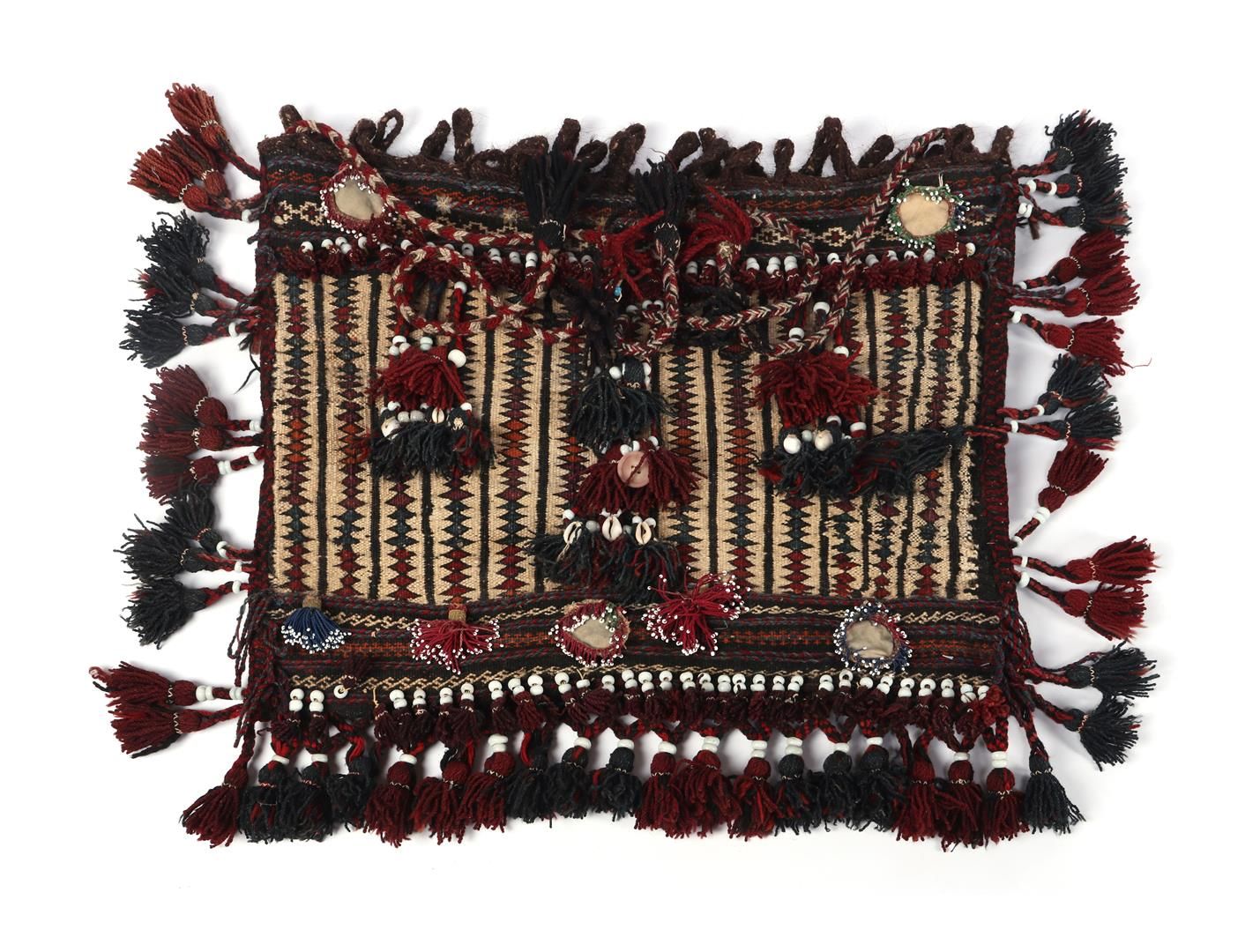 Null Sac oriental noué à la main, décoré de coquillages et de perles, 64x52, fra&hellip;