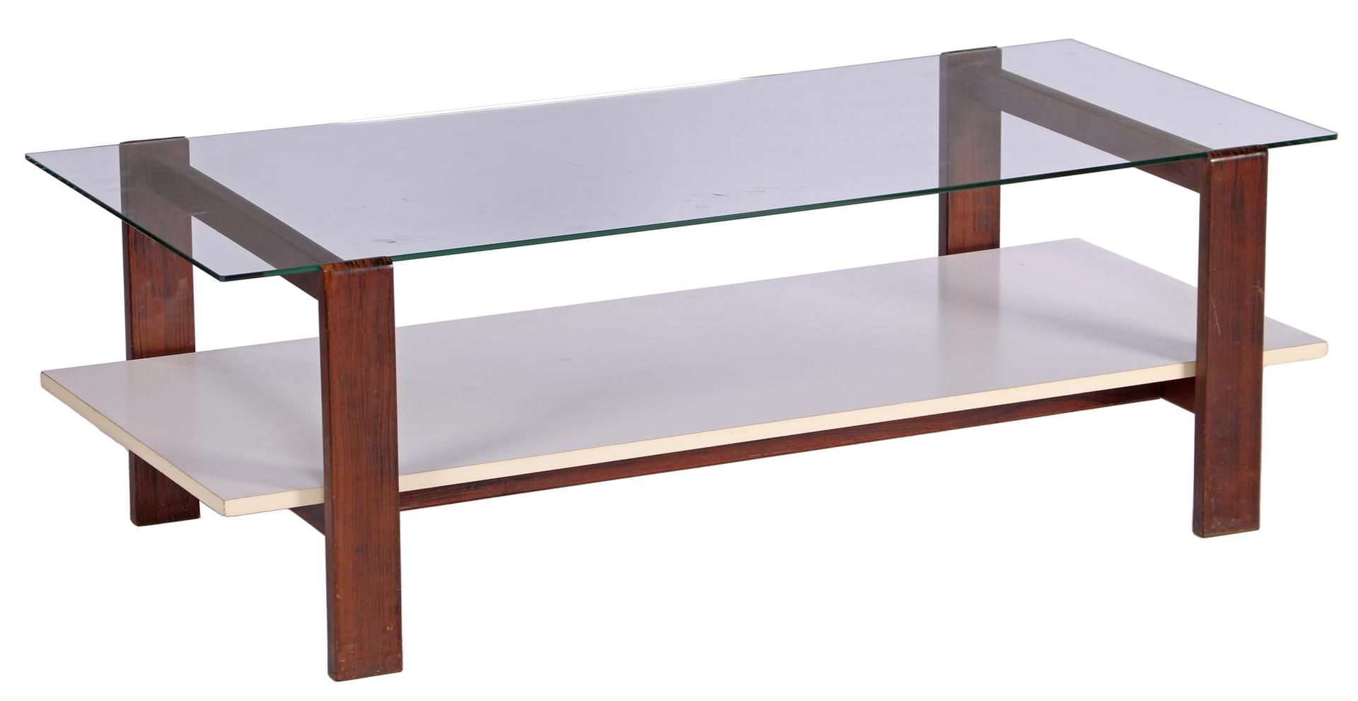 Null 深色木质茶几，玻璃桌面和白色层压底座，荷兰，1950/60 年代，高 40 厘米，桌面尺寸 120x54 厘米