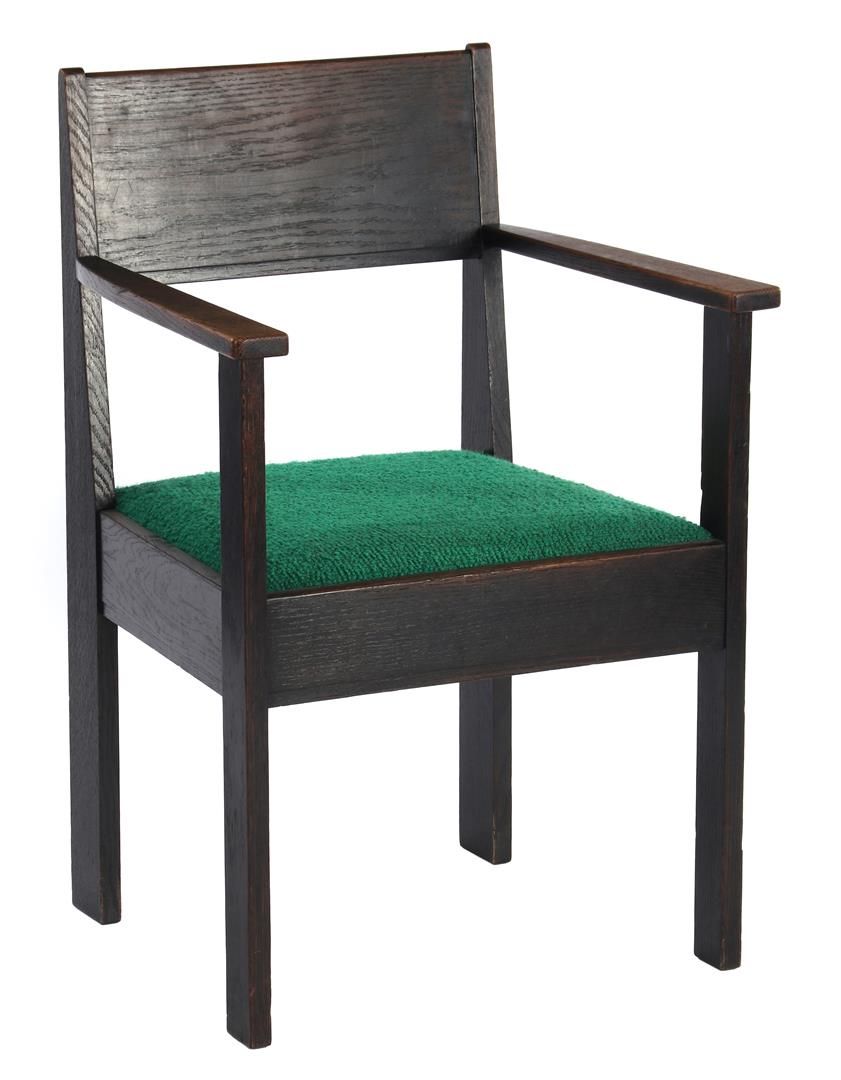 Null 带绿色织物座椅的橡木扶手椅，标有金属牌 L.O.V. Oosterbeeksche 家具厂，荷兰，20 世纪早期，靠背高 87 厘米