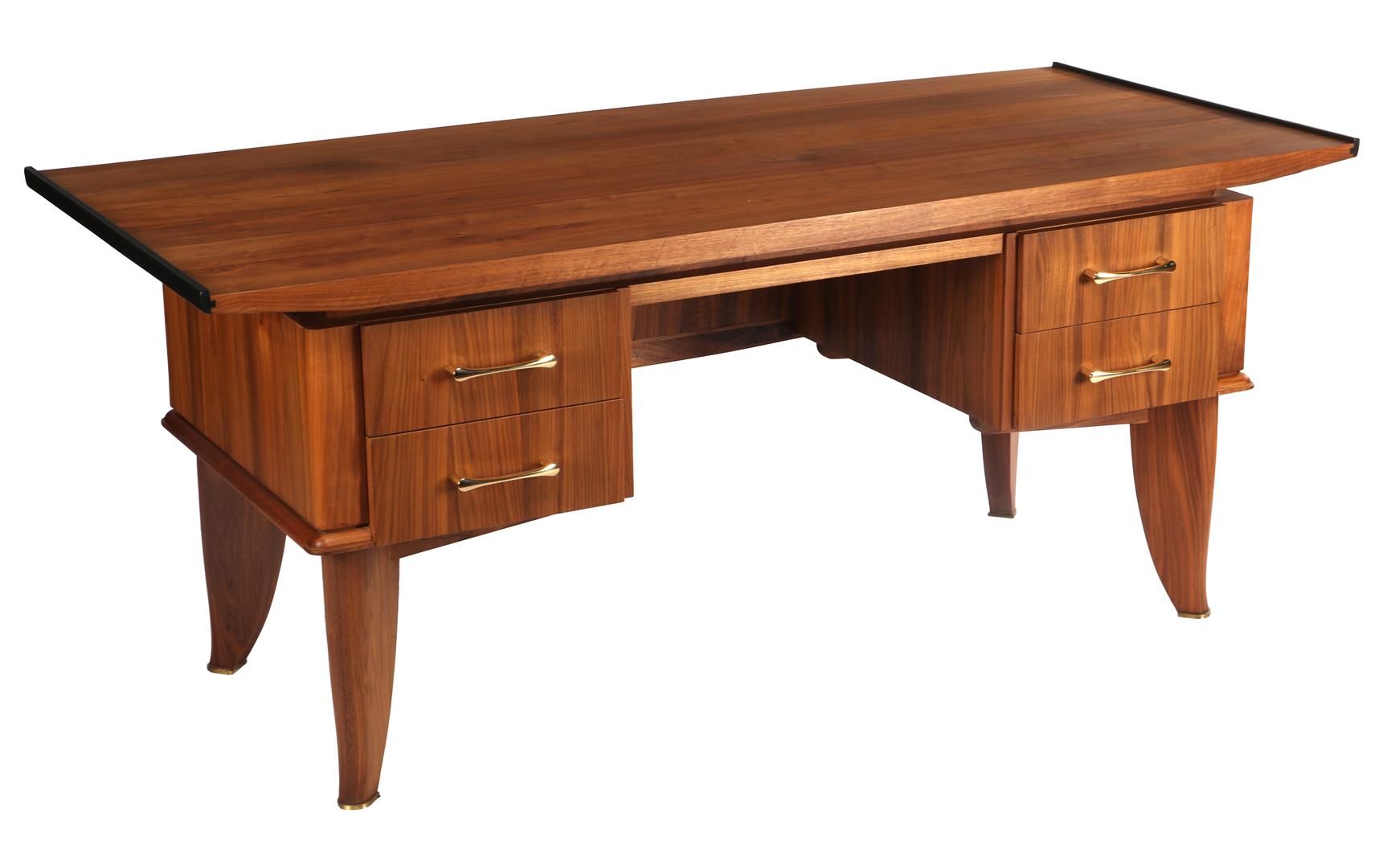 Null 柚木单板四抽屉书桌，浮动式桌面，熏黑装饰和黄铜把手，21 世纪，高 76.5 厘米，桌面尺寸为 181.5x84.5 厘米