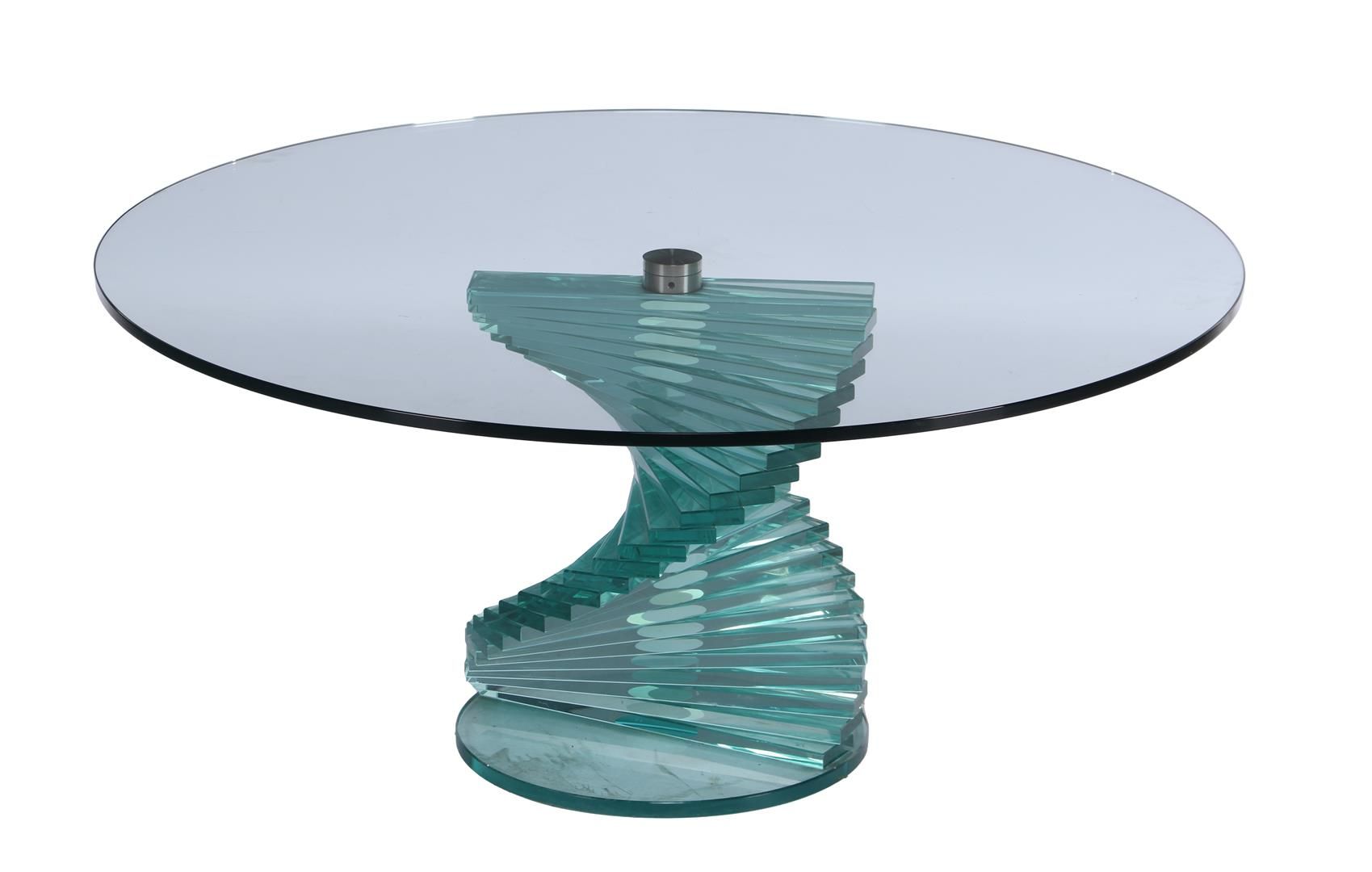 Null 螺旋柱圆形玻璃茶几，设计师 Isao Hosoe 设计风格，高 44 厘米，顶部直径 95 厘米