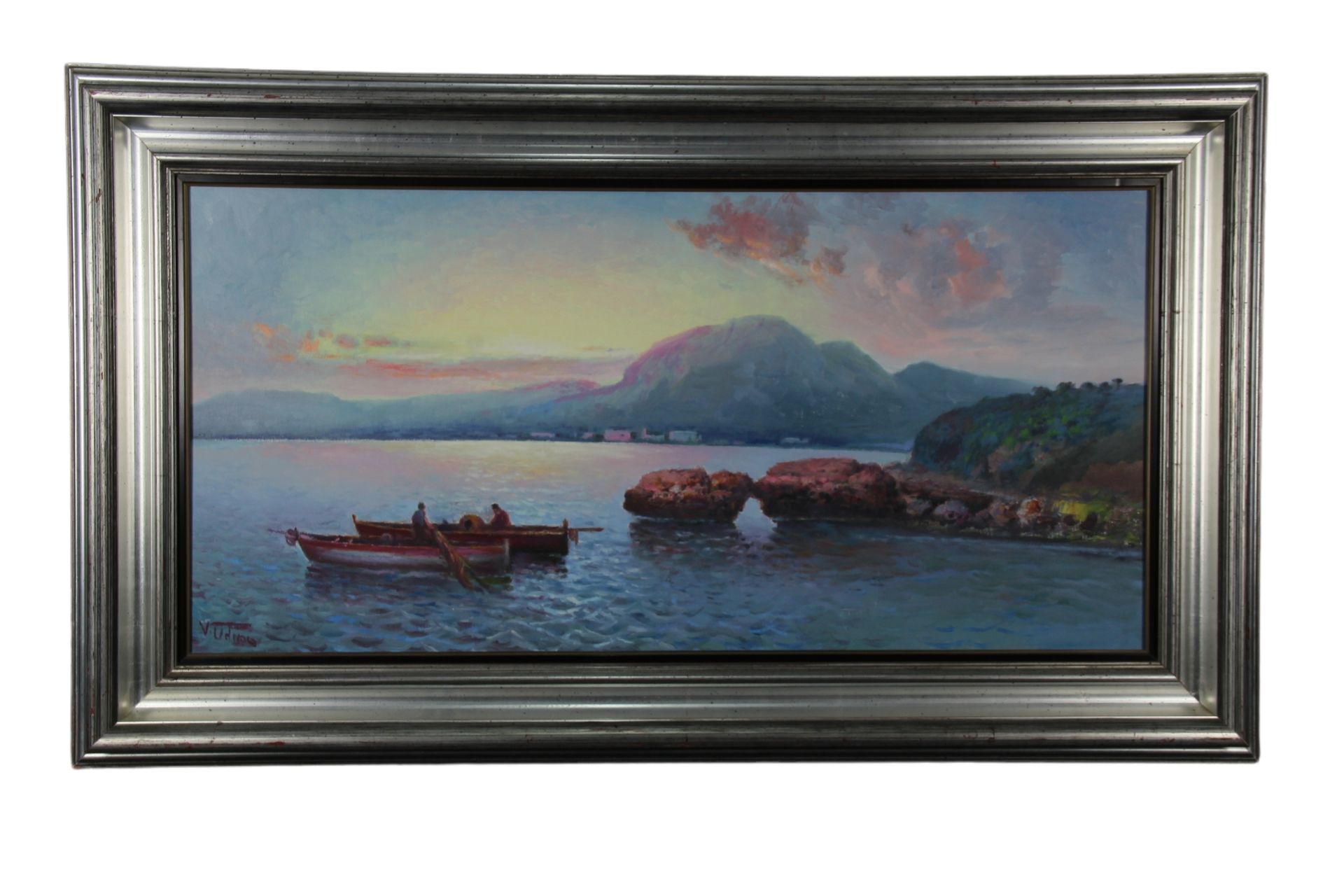 DIPINTO OLIO SU TELA Raff Marina with boats and fishermen at sunset, silver-plat&hellip;