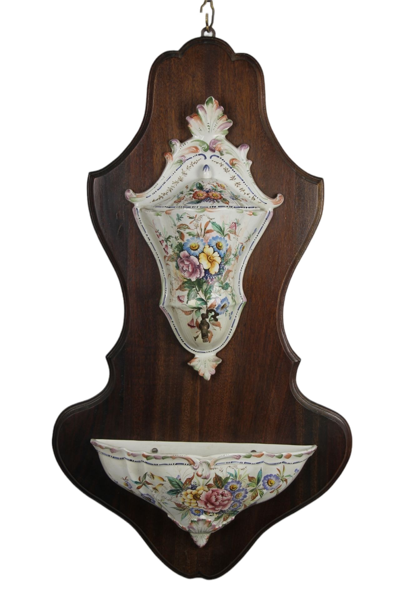 Fontanella floral painted ceramic with pourer . Veneto early 1900s. H cm 90 x 47