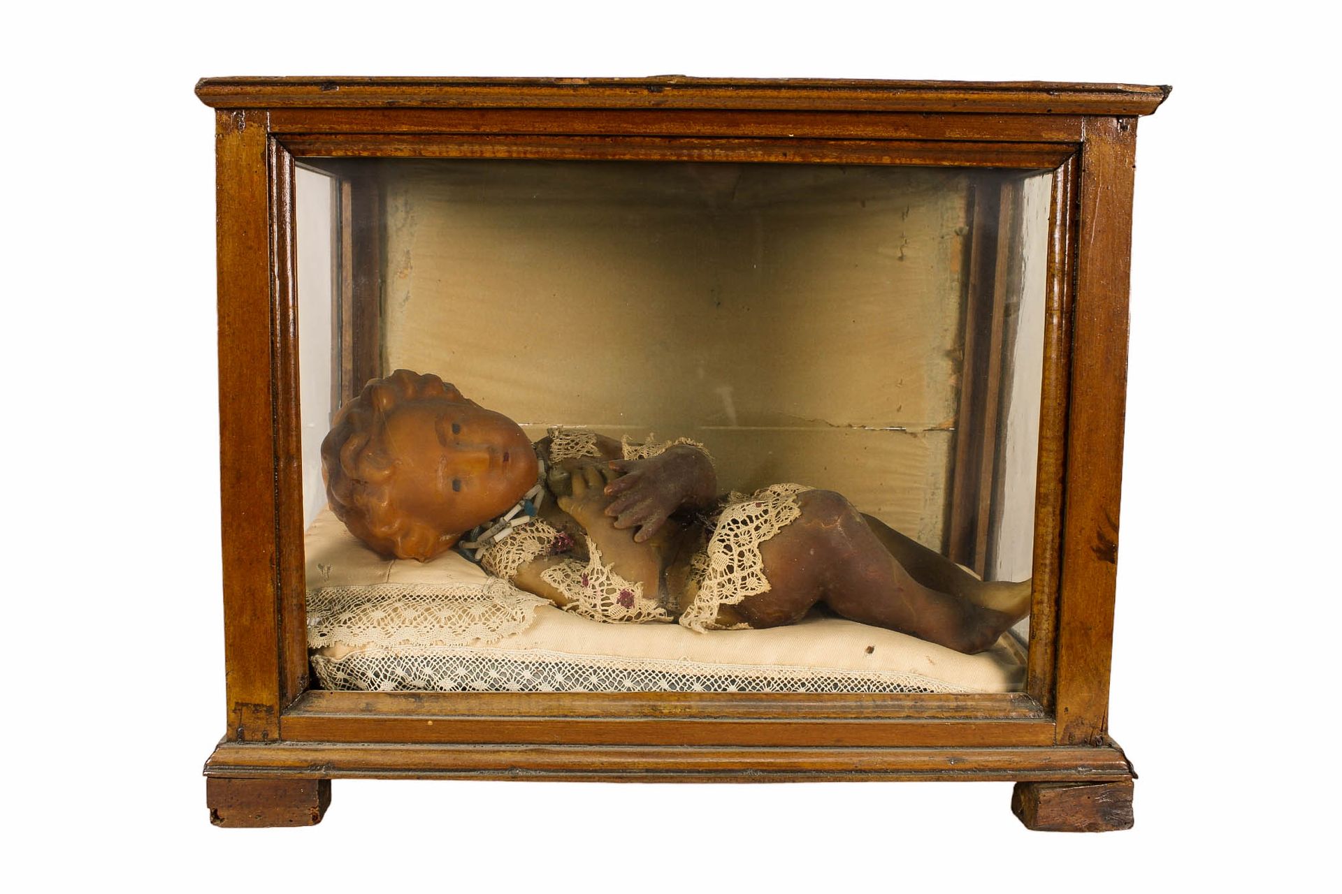 TECA contenant une petite poupée de cire Sicile 19e siècle h 36 x 13 cm / châsse&hellip;