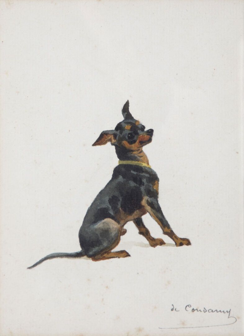Null 查尔斯-费尔南-德-康达米 (c.1855-1913)
坐着的宾格犬
纸上水彩画
右下方有签名
15 x 11厘米
(有轻微斑点)