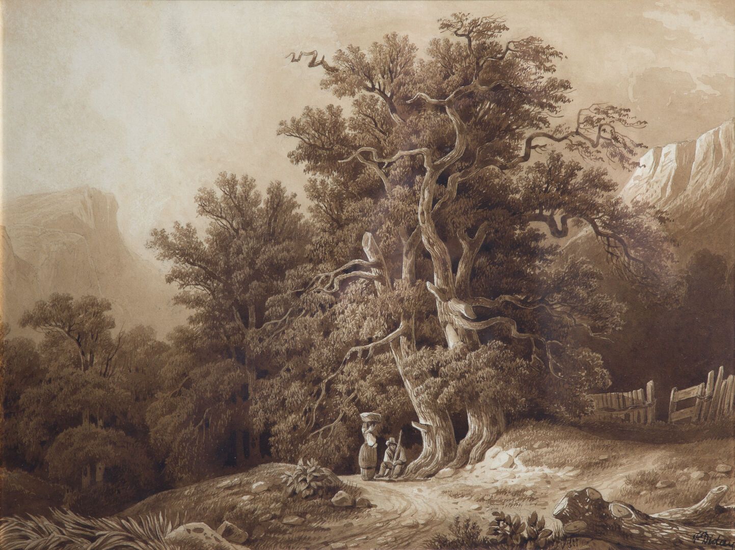 Null 弗朗索瓦-迪达伊(1802-1877)
路上休息的人，在一棵树下
水墨画，黑色铅笔线 
右下方有签名
22,5x30 cm (见图)