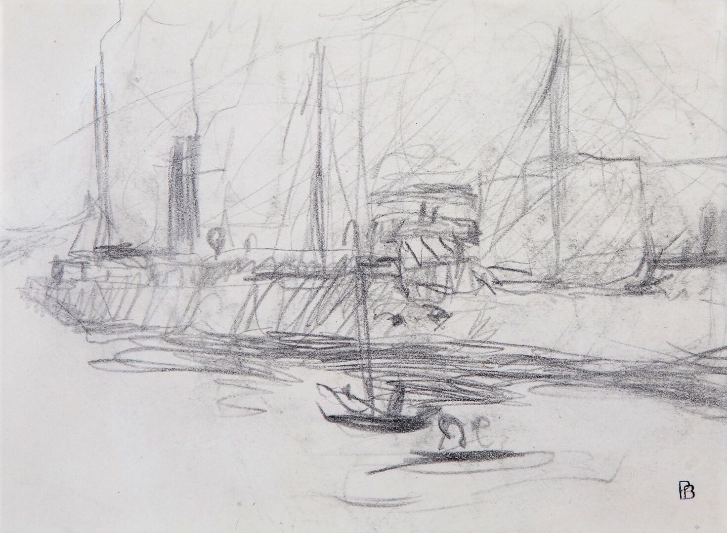 Null 皮埃尔-邦纳(Pierre BONNARD) (1867-1947)
港口的船只和帆船 
铅笔
右下角有一字型的印章
(左上角有小的修复）。
11x1&hellip;