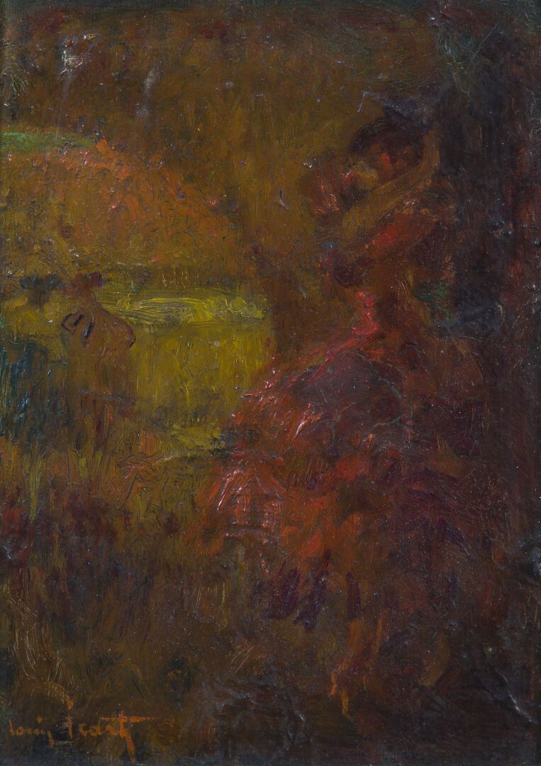 Null Louis ICART (1888-1950)
情侣接吻
纸板上的油画 
左下方有签名
19 x 13,5 cm