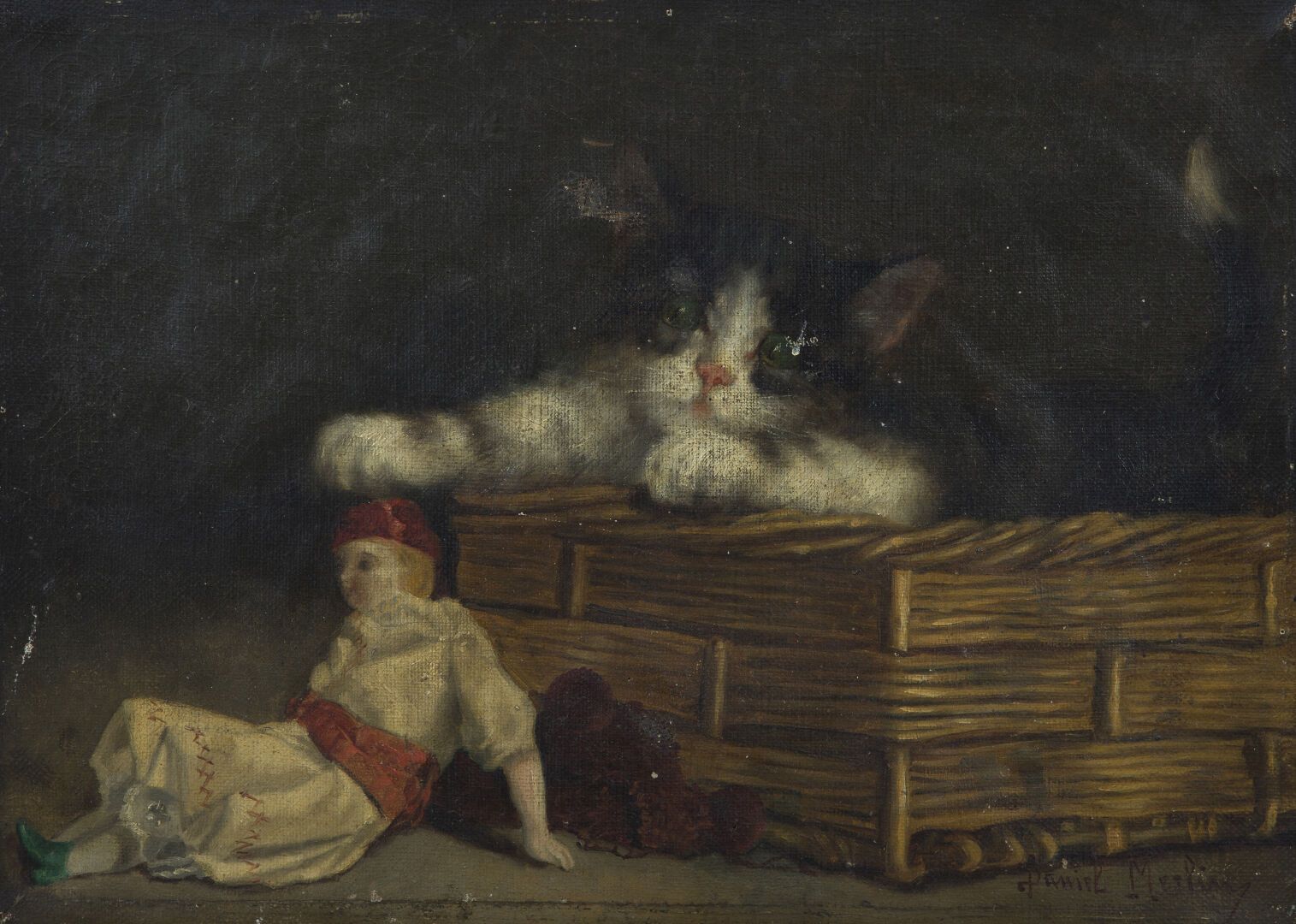 Null 丹尼尔-梅林(1861-1933)
篮子里的小猫和娃娃
布面油画
右下方有签名
背面有纸
(意外事件)
24 x 33 cm