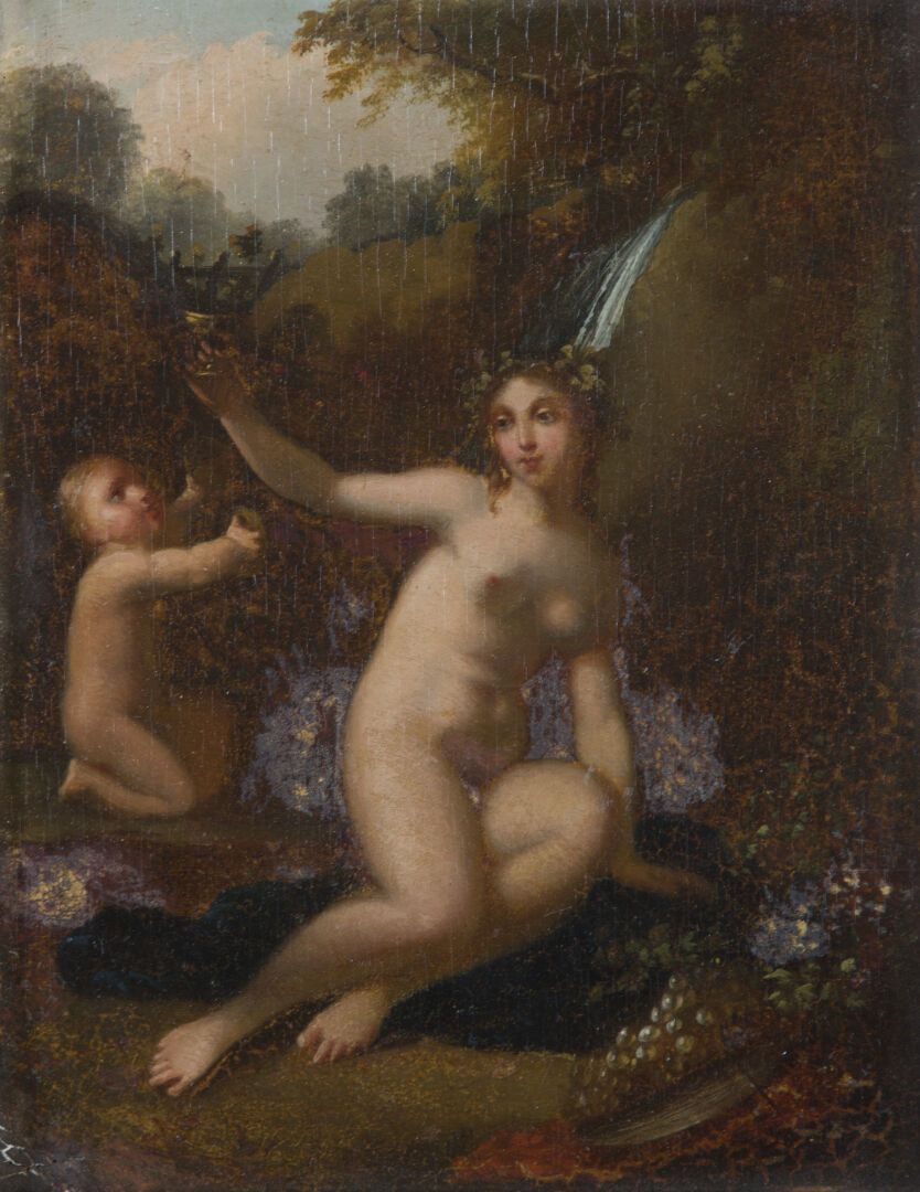 Null 雅克-安托万-瓦林（巴黎1760-1831年后）
瀑布旁的巴坎特和普托
胡桃木板 
21 x 16 cm