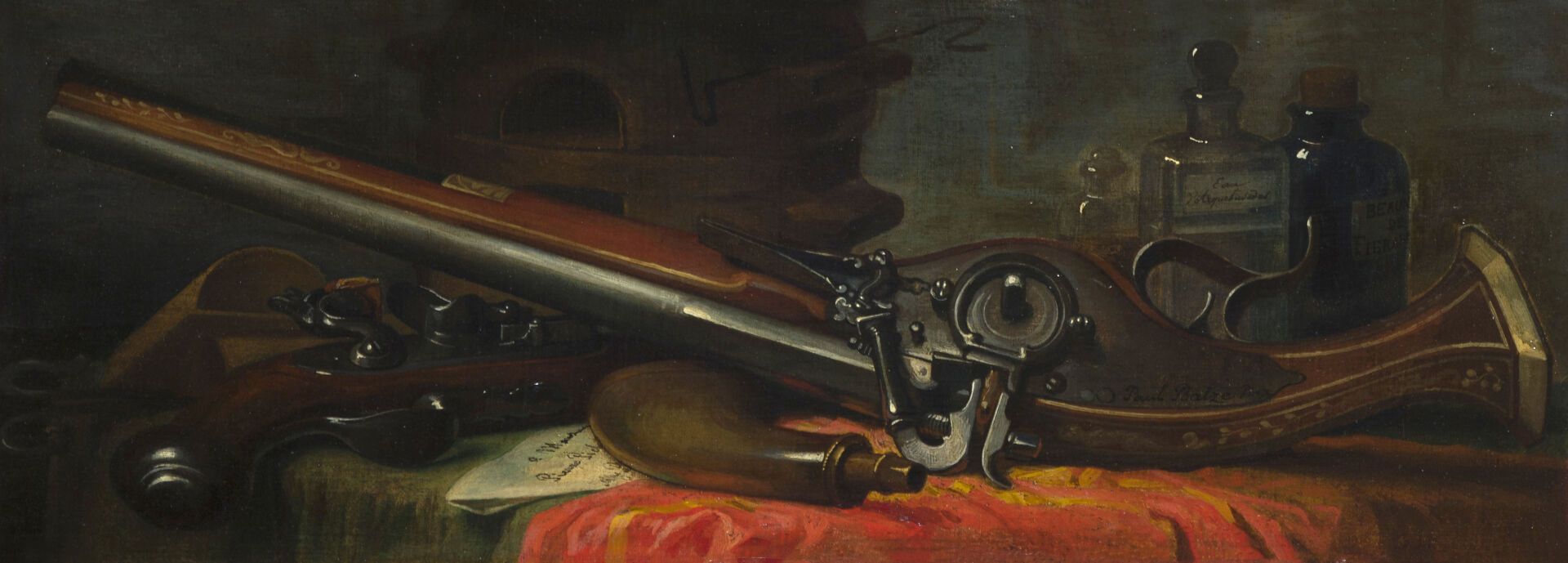 Null 保罗-巴尔泽（1815年，罗马 - 1884年，巴黎）
手枪和火药瓶的静物画 
帆布镶嵌在面板上 
里昂拍卖会，Me Rambert，2012年2月1&hellip;