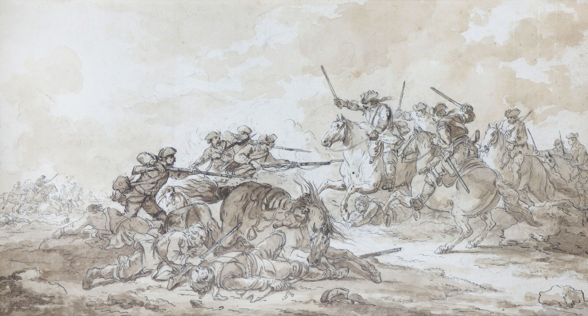 Null 让-巴蒂斯特-勒庞（归属）（巴黎1738-1785）。
骑兵冲击
钢笔和棕色墨水，黑色铅笔线，棕色水洗
21,5x39,5厘米