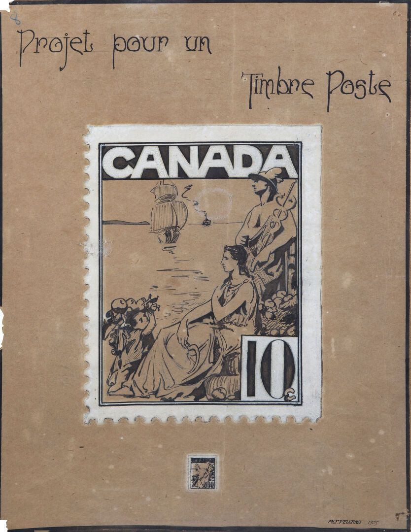 Null 阿尔弗雷德-佩兰被称为阿尔弗雷德-"佩兰"(1906 - 1988) 
加拿大邮票项目，10cts 
钢笔和棕色墨水，棕色水洗和白色水粉画 
顶部有标&hellip;