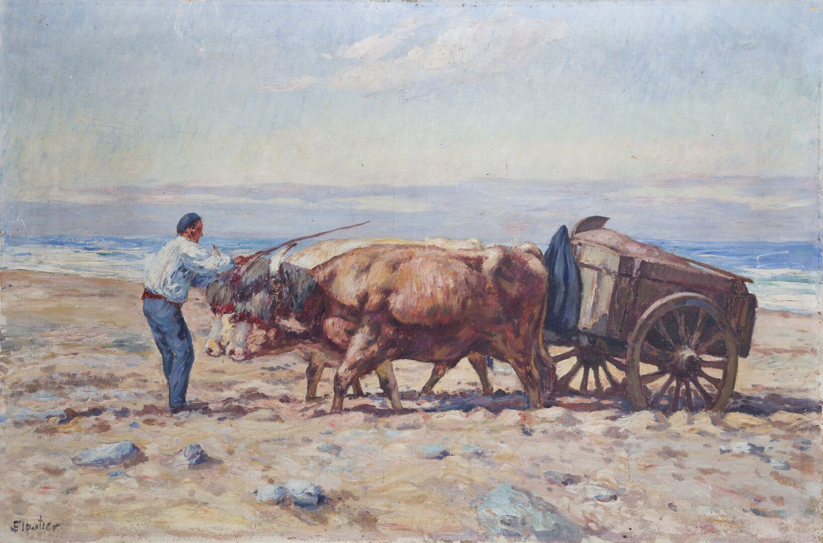 Null 路易斯-弗鲁提尔 (1882-1936)
海边的巴斯克牧牛犬
布面油画
左下方有签名
(画布背面有划痕、小裂缝、潮湿的痕迹)
65 x 100厘米