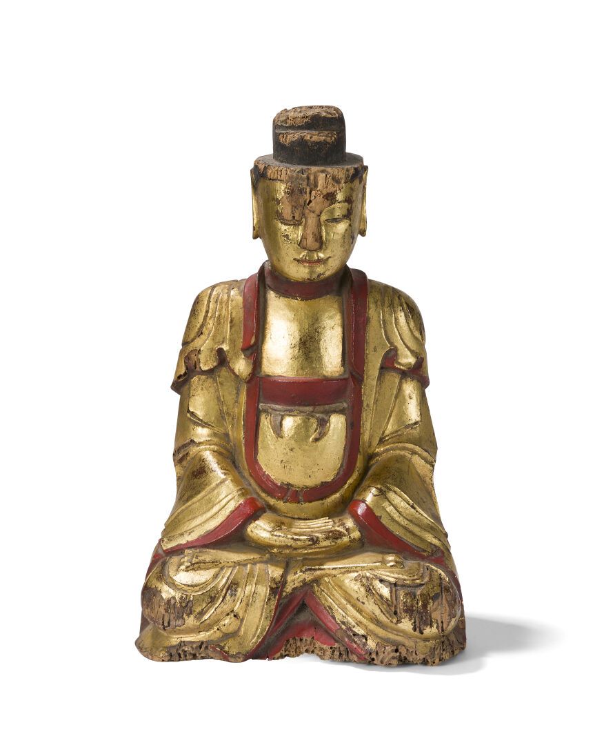 Null Bouddha en bois doré et laqué rouge, assis en position méditative dite padm&hellip;