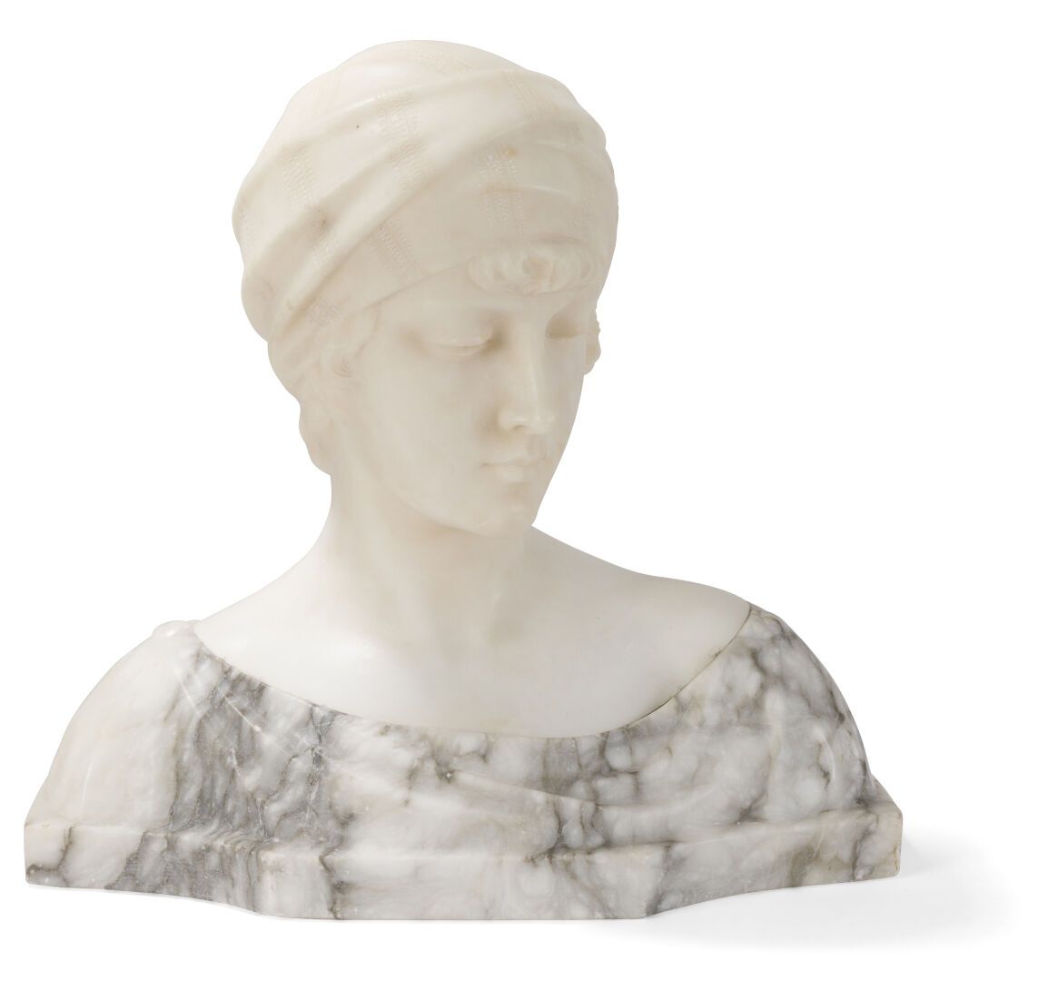 Null SUIVEUR DE GUIGLIELMO PUGI (1850-1915)
Élégante au turban
Portrait sculpté.&hellip;