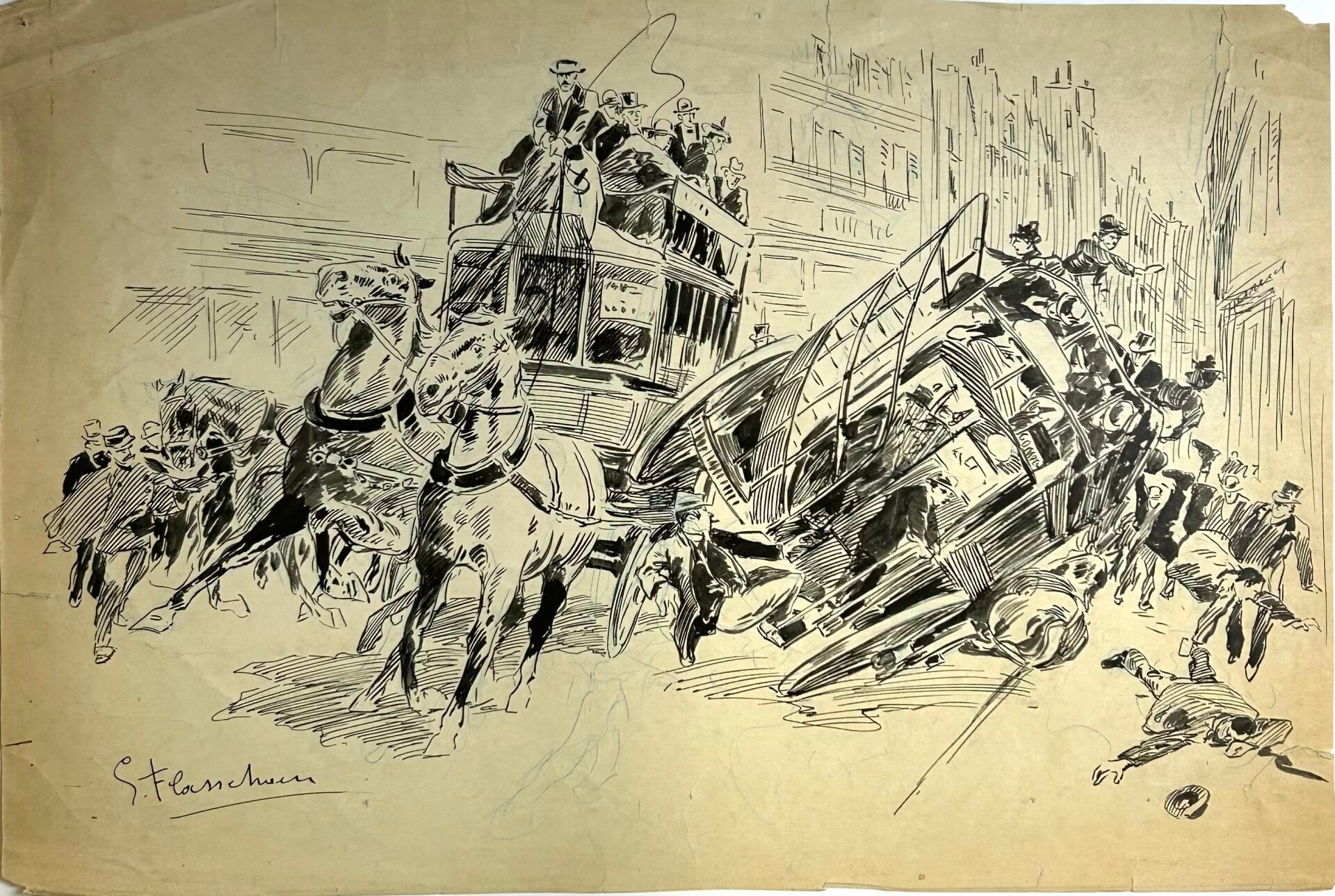 Null Un ensemble de huit (8) dessins :

- Gustave FLASSCHOEN (1868-1940), accide&hellip;