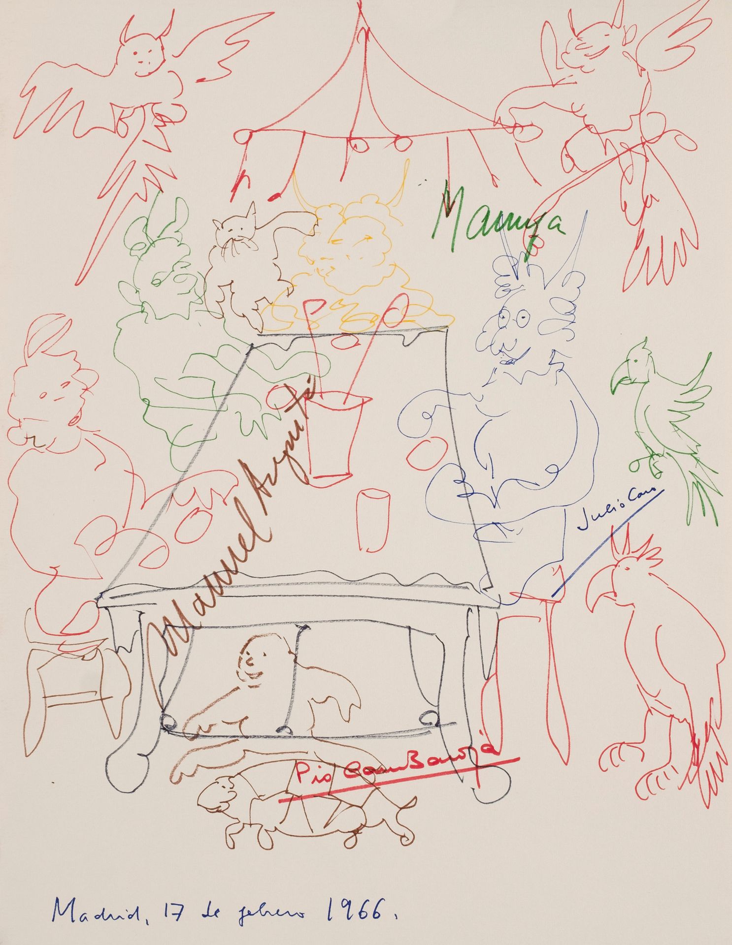 Null 画有人和动物的桌子，马戏团的帐篷，以及马鲁哈（？）、胡里奥-卡罗和皮奥-卡罗-巴罗哈的亲笔签名。日期为1966年2月17日，马德里。