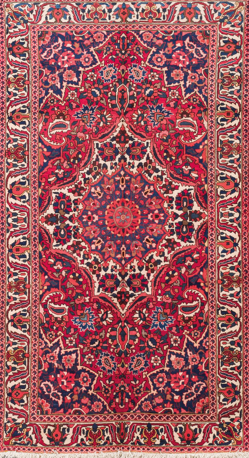 Null 羊毛制成的巴赫蒂亚里地毯。大量的植物和花卉装饰交织在一起。背景为海军蓝，带有红色、紫红色和绿色的色调。S. XX.250x150厘米