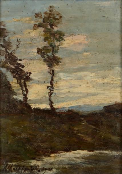 Henri HARPIGNIES (1819-1916) Les arbres au bord de l'étang Huile sur panneau d'a&hellip;