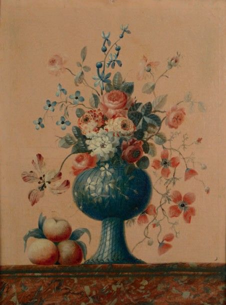 Ecole FRANCAISE vers 1800 
Bouquet de fleurs avec trois pêches sur un entablemen&hellip;