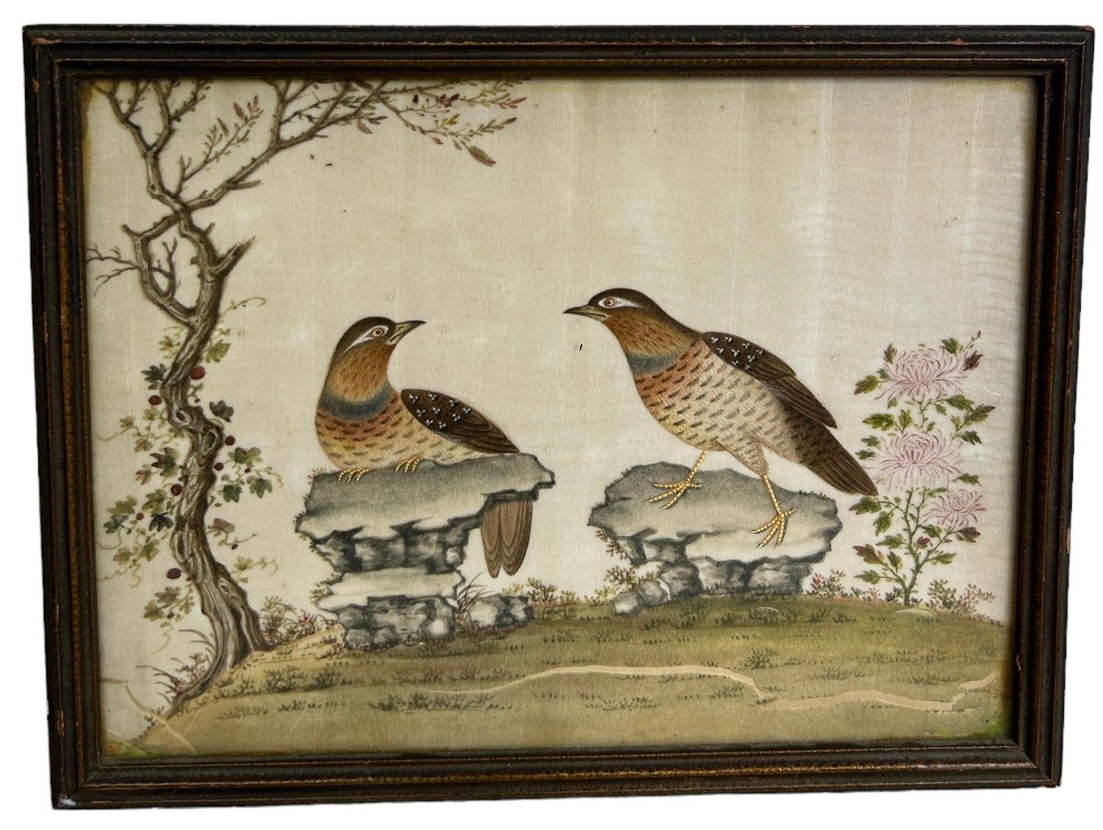 Null A 19TH CENTURY CHINESE RICE PAPER PAINTING DEPICTING TWO BIRDS PERCHED ON R&hellip;