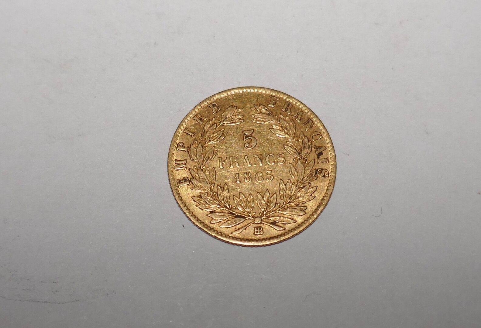 Null Eine 5 Franc Goldmünze Napoleon III Kopf Laureate 1865 BB (Strasbourg), 1,6&hellip;