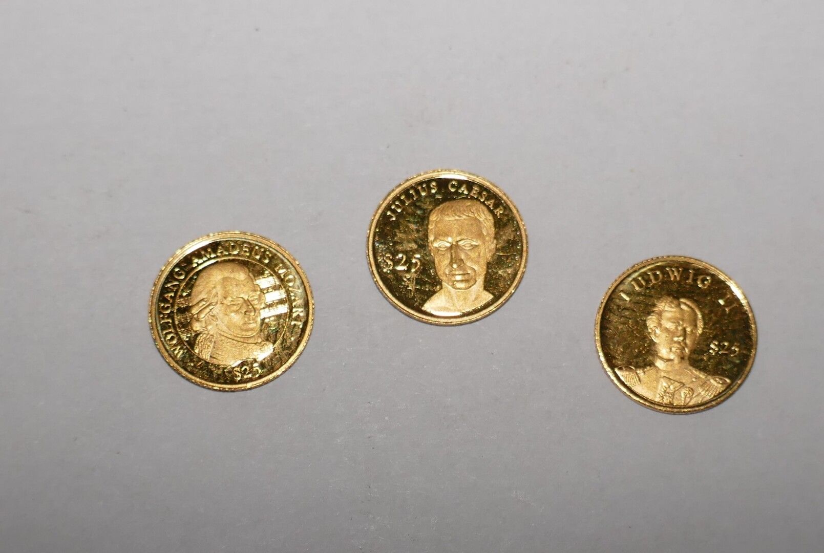 Null 3 monedas de oro 25 dólares Liberia Mozart / Ludwig II / Julio César, PT 2,&hellip;