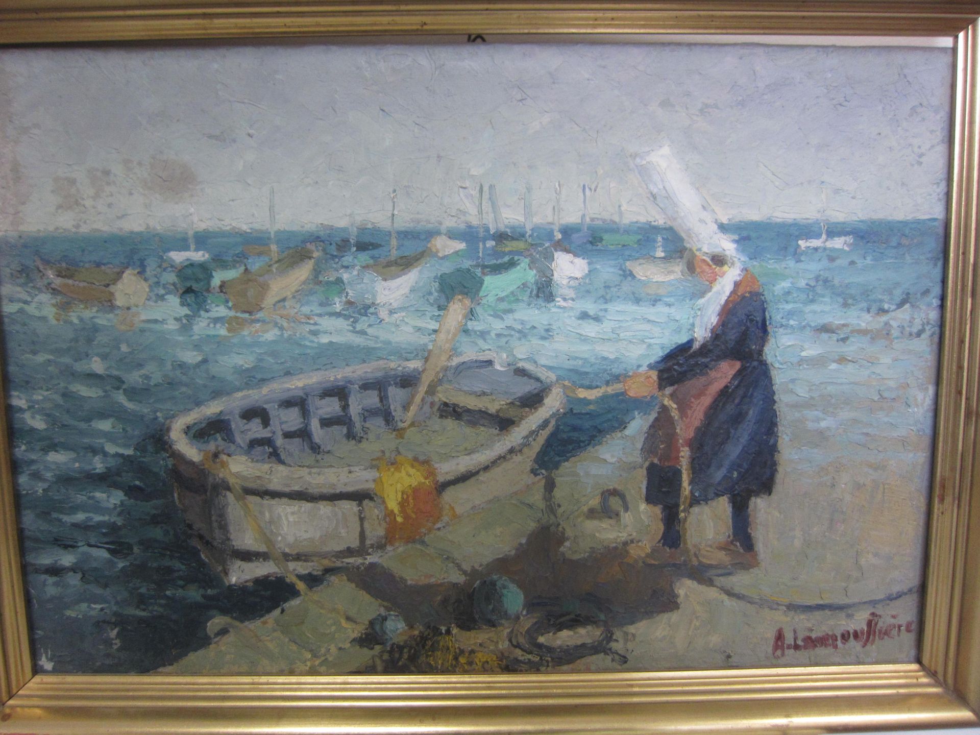 Null A. LAMOUSSIERE, huile sur toile signée en bas à droite, Bretonne au port de&hellip;