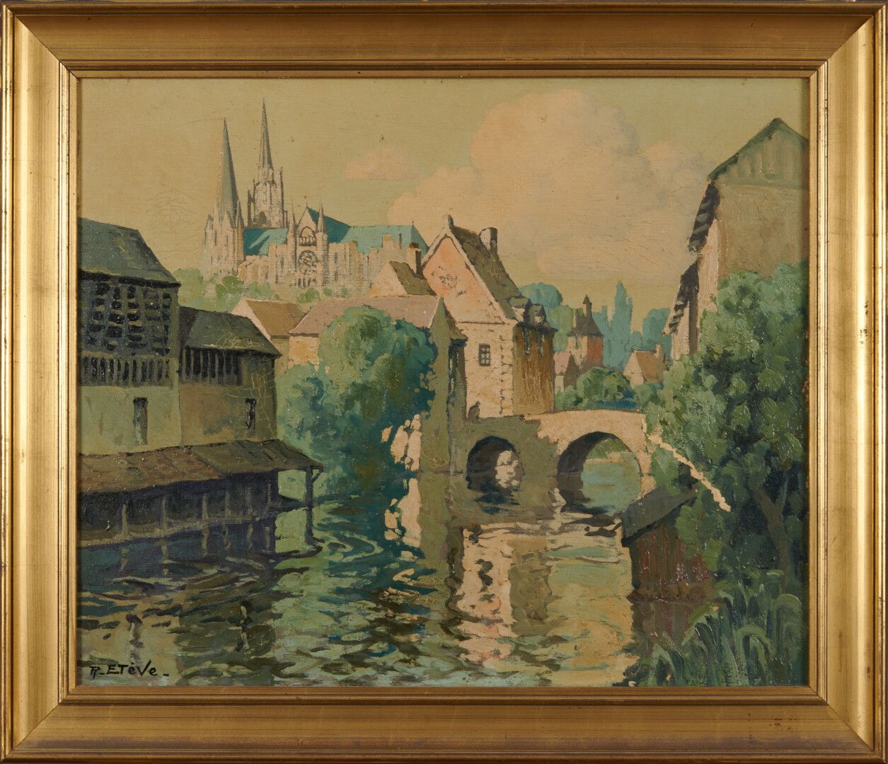Null ETEVE R. 

"Le pont" toile signée en bas à gauche - 47 x 56 (accident)